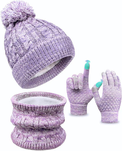Kids Winter Hat Gloves Scarf Set, Toddler Children Girls Boys Beanie Hat Knitted Mittens & Neck Gaiter Warmer for
