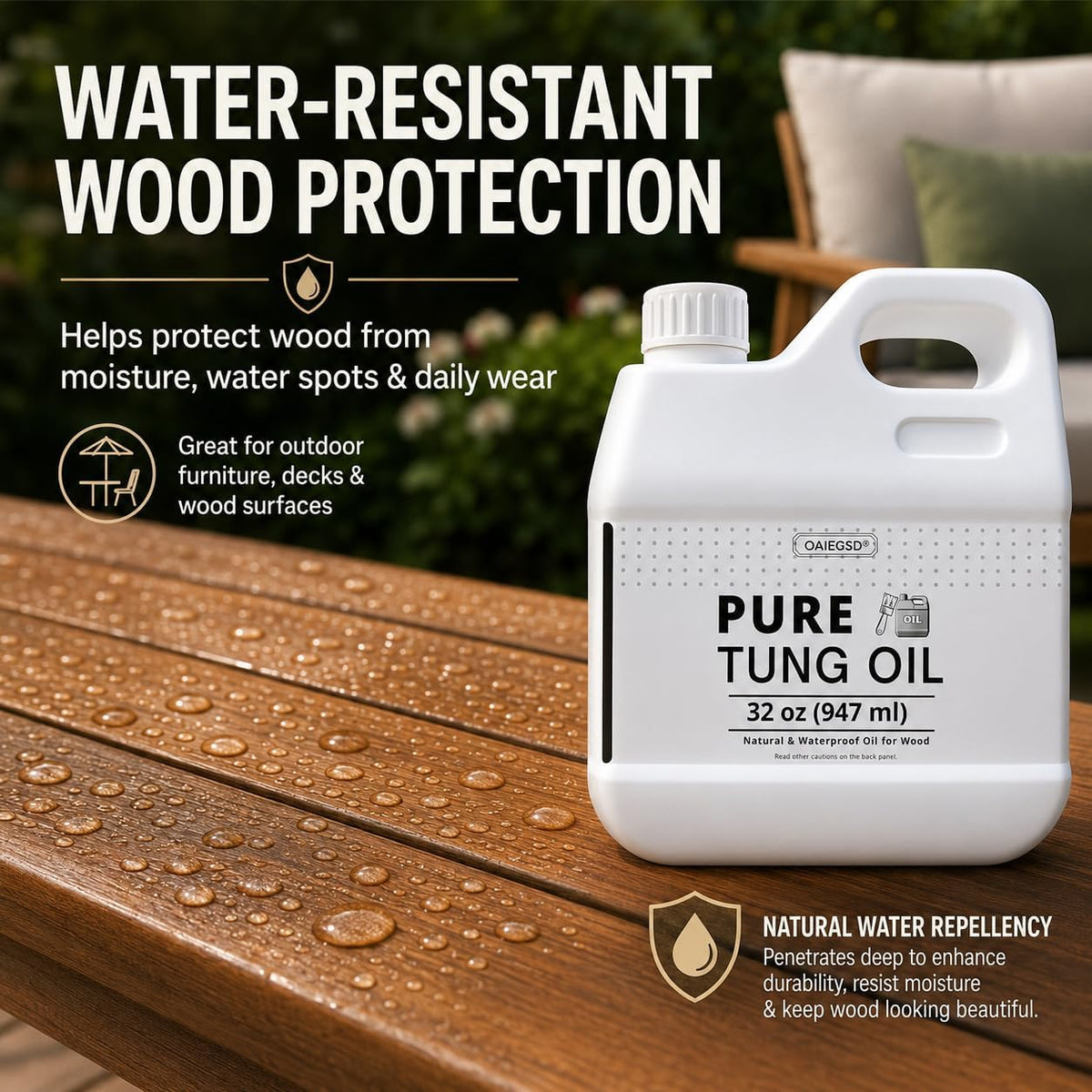 32oz 100% Pure Tung Oil, Food Safe Waterproof Low Odor Wood Finish & Sealer
