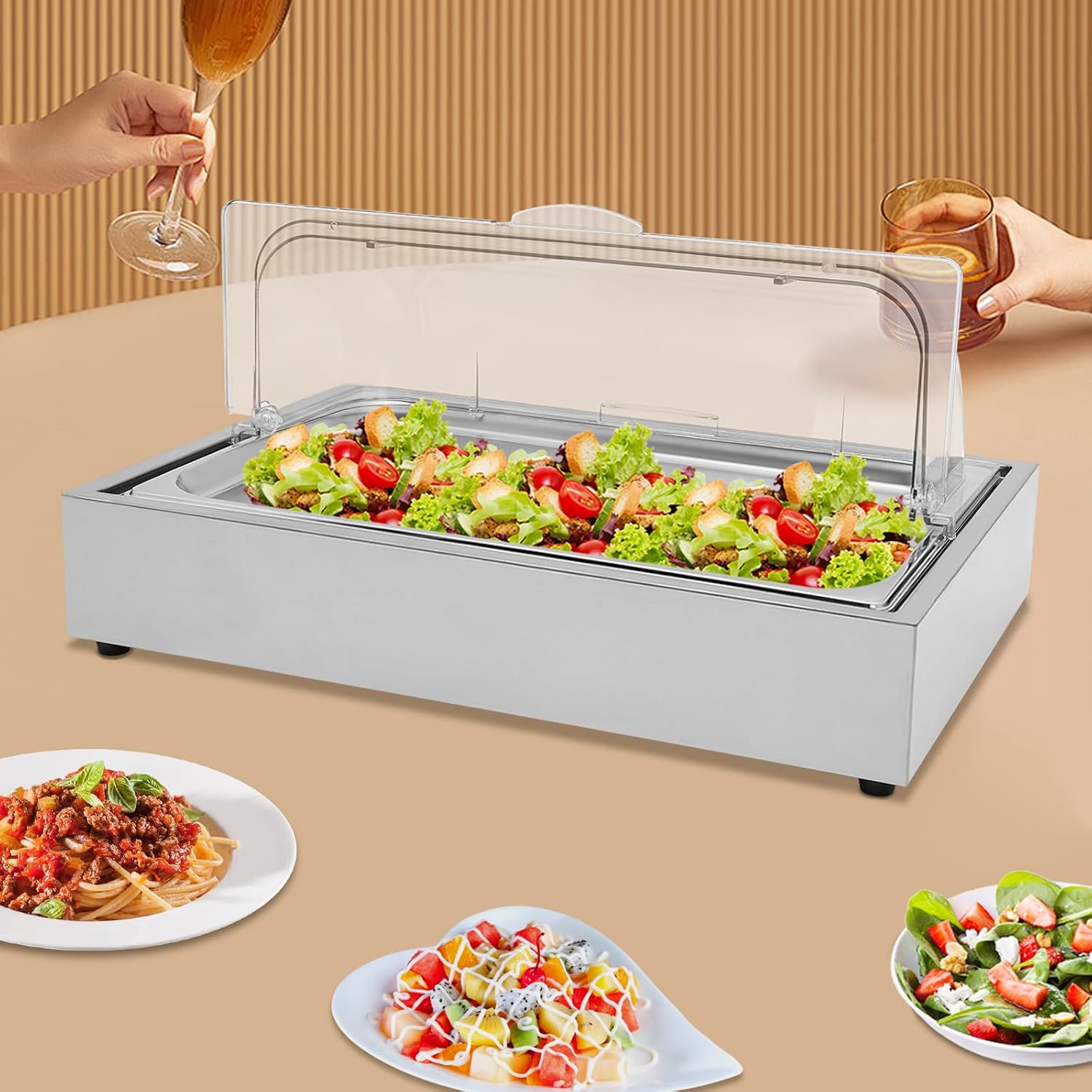 Ice Tray Chafing Dishes for Buffet Stainless Steel Ice Food Serving Display Clear Cold Food Server with Roll Lid