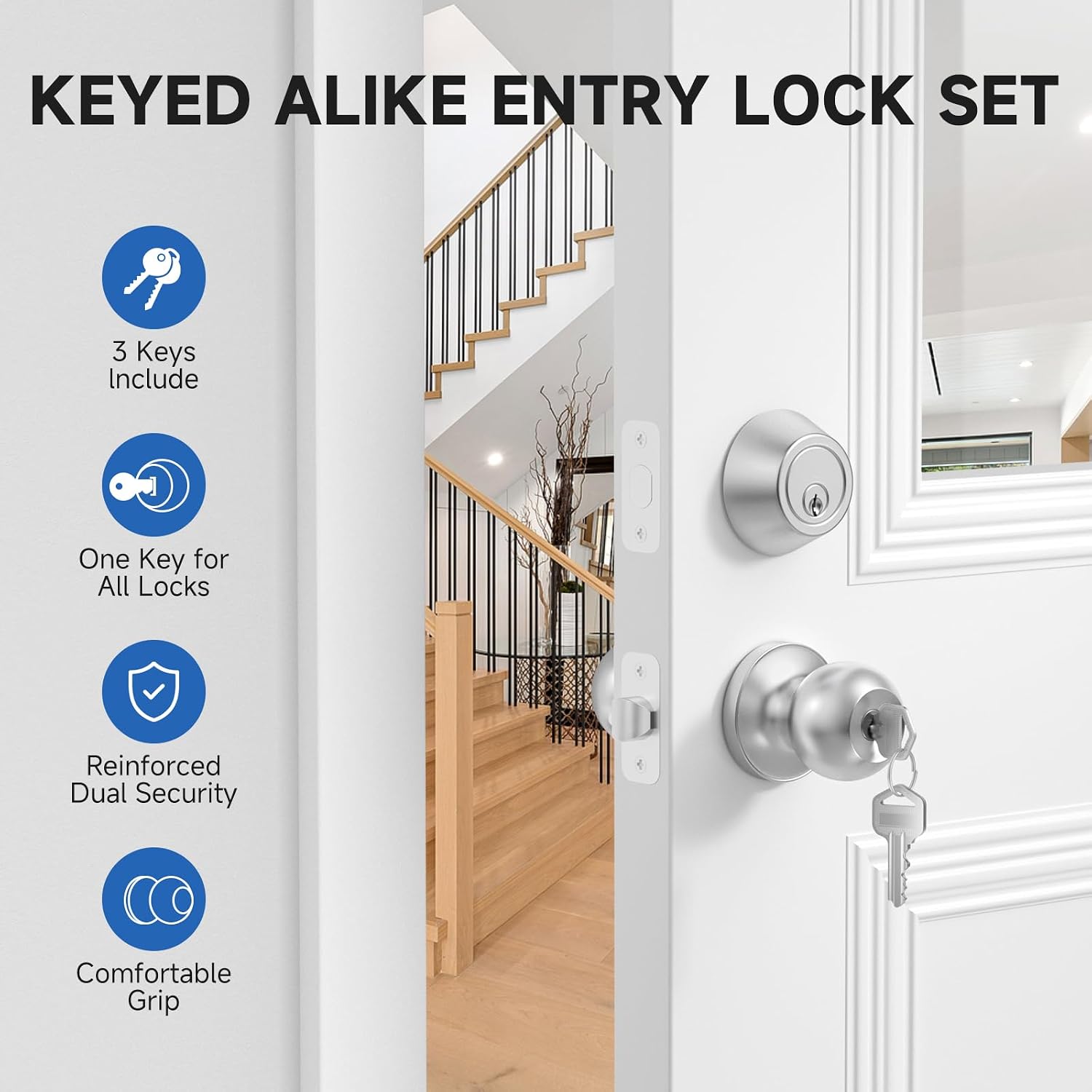 2 Pack Exterior Door Lock Set with Deadbolt Lock, Keyed Alike Satin Nickel Entry Door Knobs and Single Cylinder