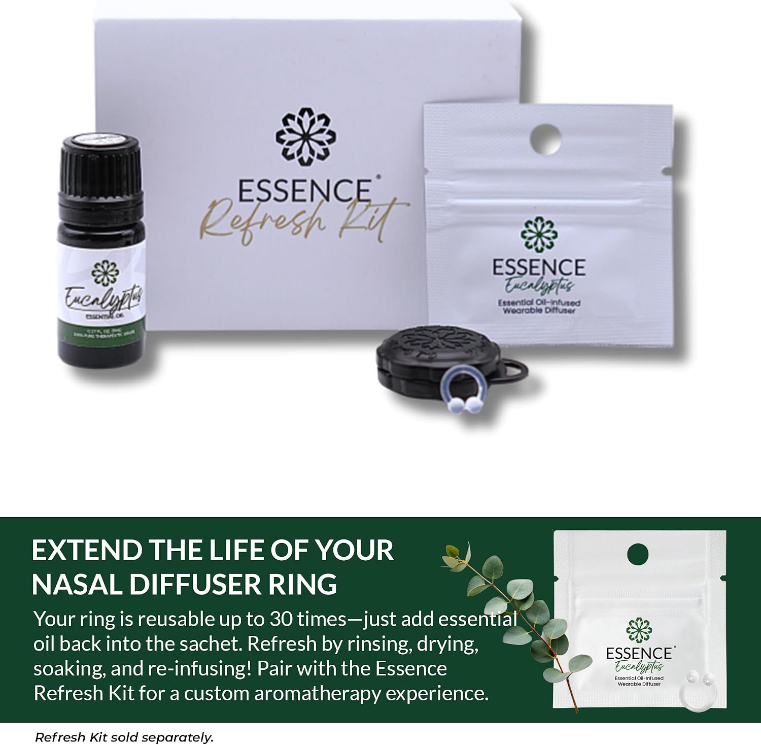 Essence Wearable Aromatherapy Nasal Diffuser – Eucalyptus Essential Oil | Nose Ring Silicone Inhaler for Stress &