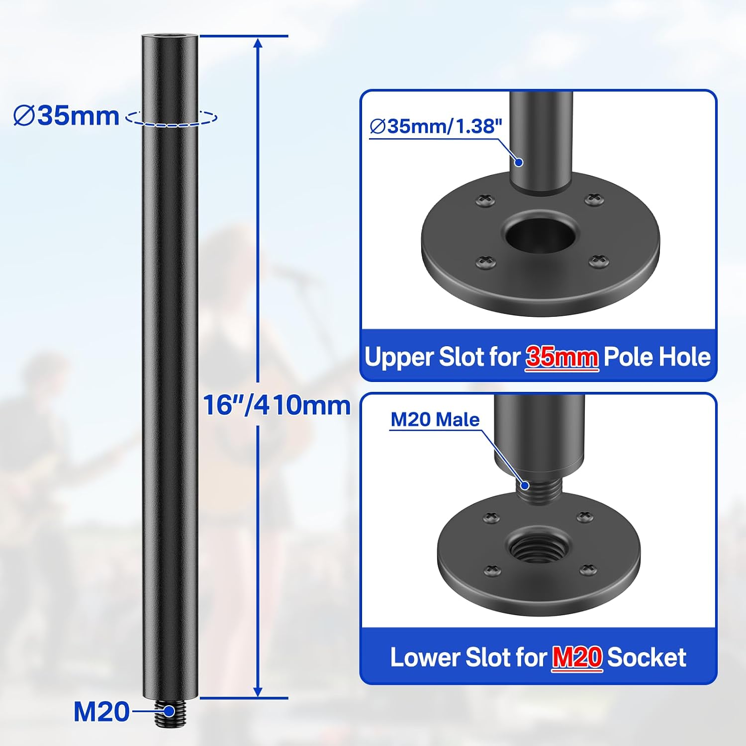 16 Inch Extended M20 Speaker Pole Mount for PA/DJ Subwoofes - Heavy-Duty Speaker Poles for Subwoofers Fits Speakers