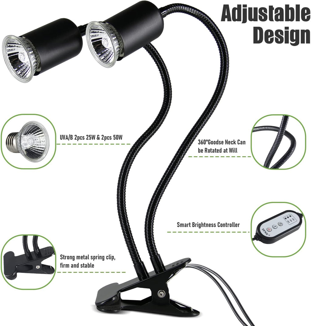 Reptile Heat Lamp, Double-Head Heat Lamp with Clamp, UVA UVB Reptile Light with Intelligent Cycle Timer for Turtle