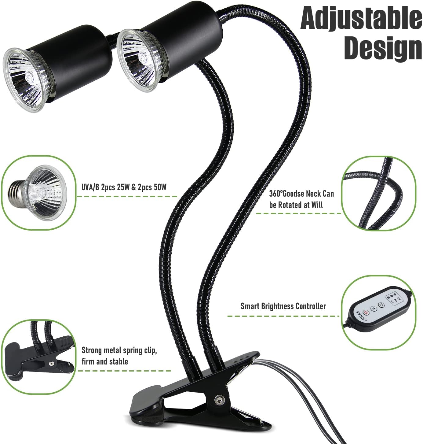 Reptile Heat Lamp, Double-Head Heat Lamp with Clamp, UVA UVB Reptile Light with Intelligent Cycle Timer for Turtle