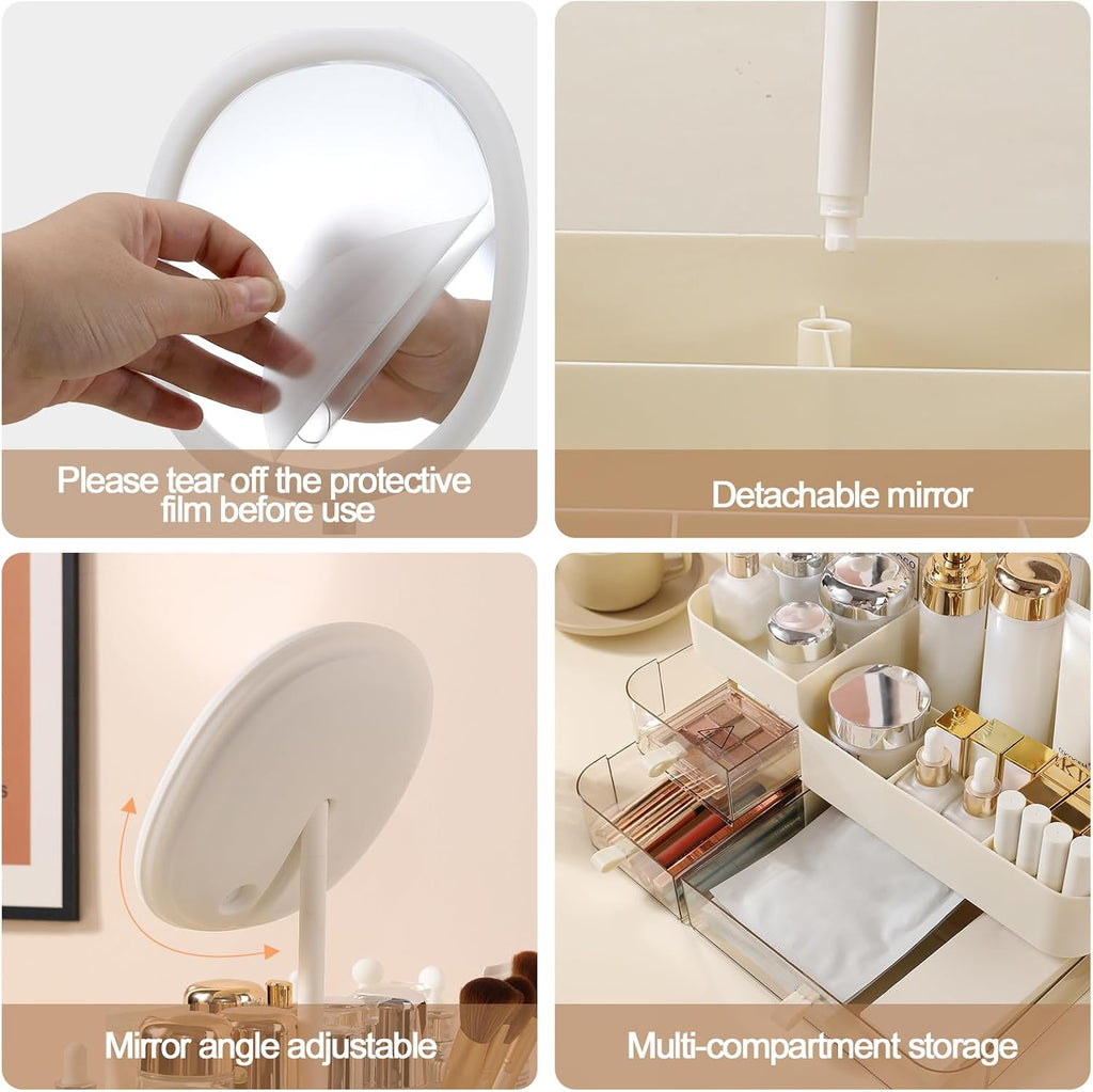 Makeup Organizer with Rechargeable Mirror and 3 Drawers,Skincare and Cosmetics Organizer Countertop,Makeup Brush