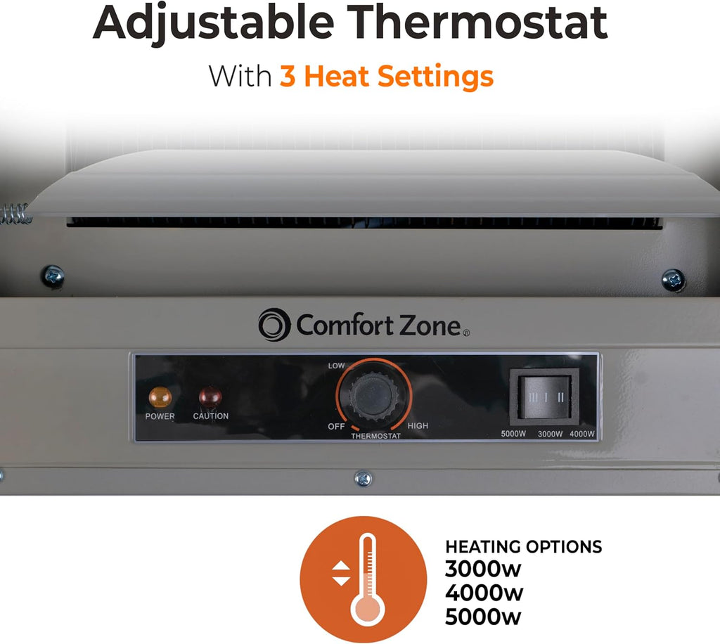 Comfort Zone 5000W Ceiling Mounted Garage Heater – 240V Electric Shop Heater with 3 Heat Settings, Overheat