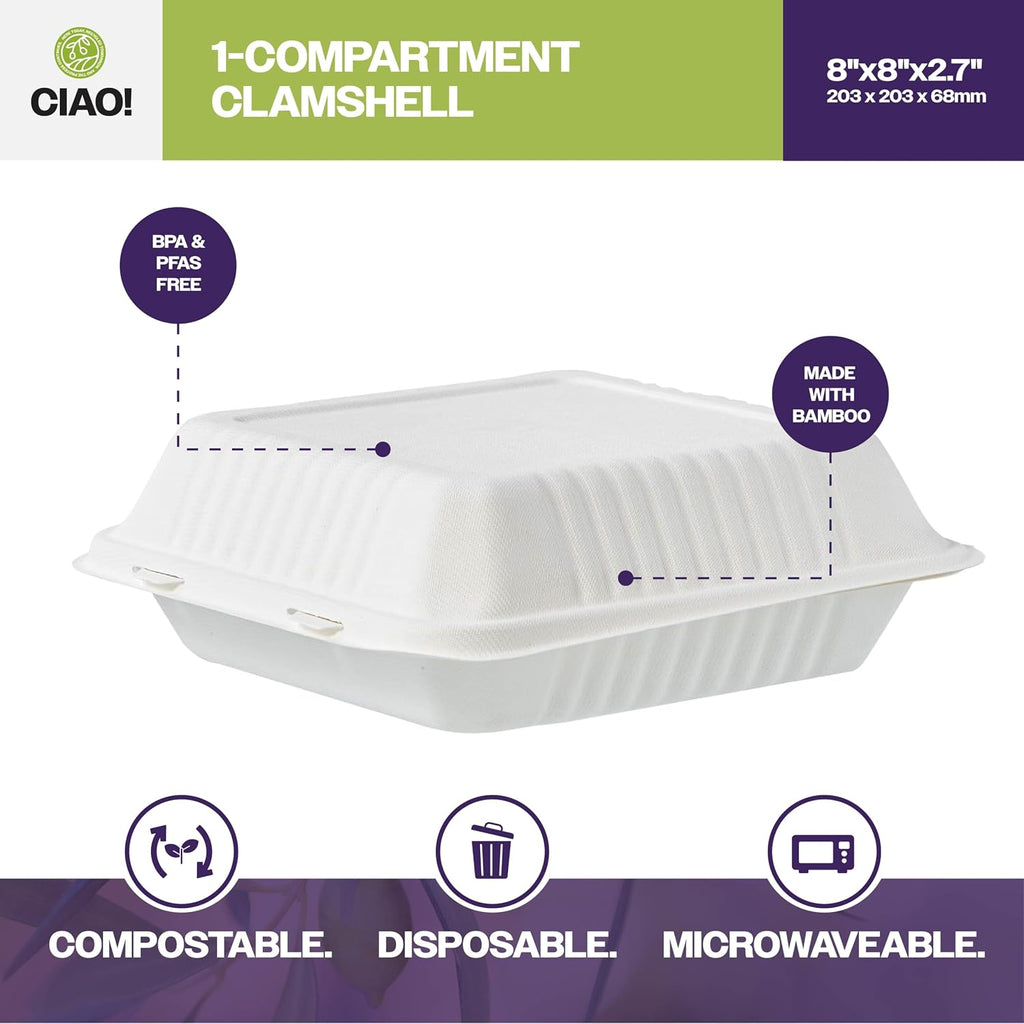 8"x8"x3" Clamshell 1 Compartment 100% Compostable Ecofriendly PFAS Free Unbleached Bagasse Natural White (200/case)