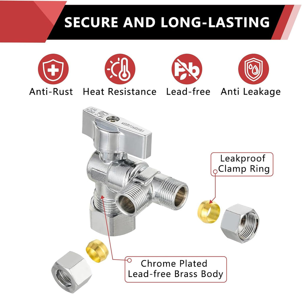 2PC EFIELD Dual Compression Outlet Angle Stop Valve,1/2"NOM (5/8"OD) Inlet | Quarter Turn, 1/2" NOM (5/8" OD) x (3/8