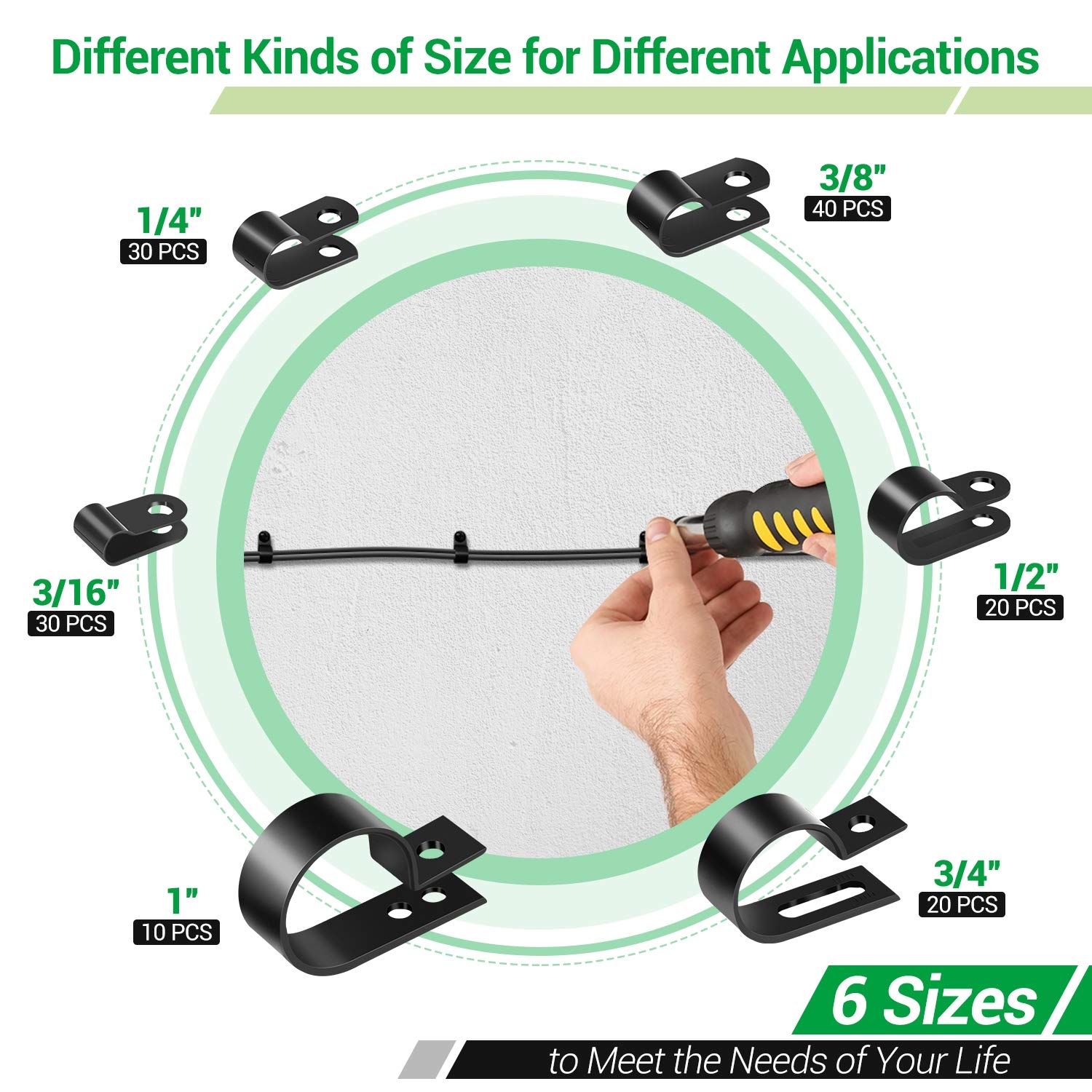 Cable Clips for Cable Management Cord Organizer, 6 Sizes 300 PCS Nylon R-Type, 3/16'' 1/4'' 3/8'' 1/2'' 3/4'' 1''