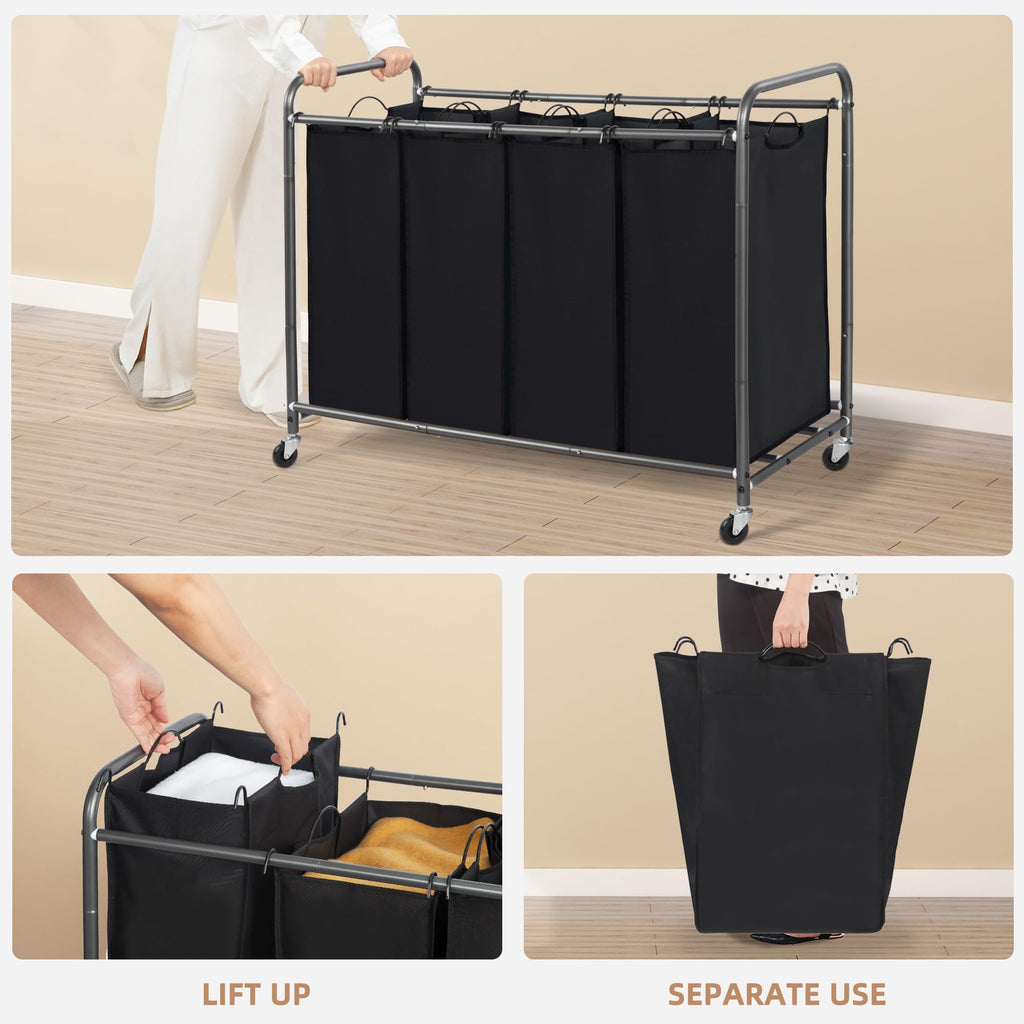 3 Section Laundry Sorter, Laundry Hamper with Wheels, Black
