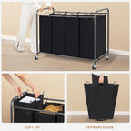 3 Section Laundry Sorter, Laundry Hamper with Wheels, Black