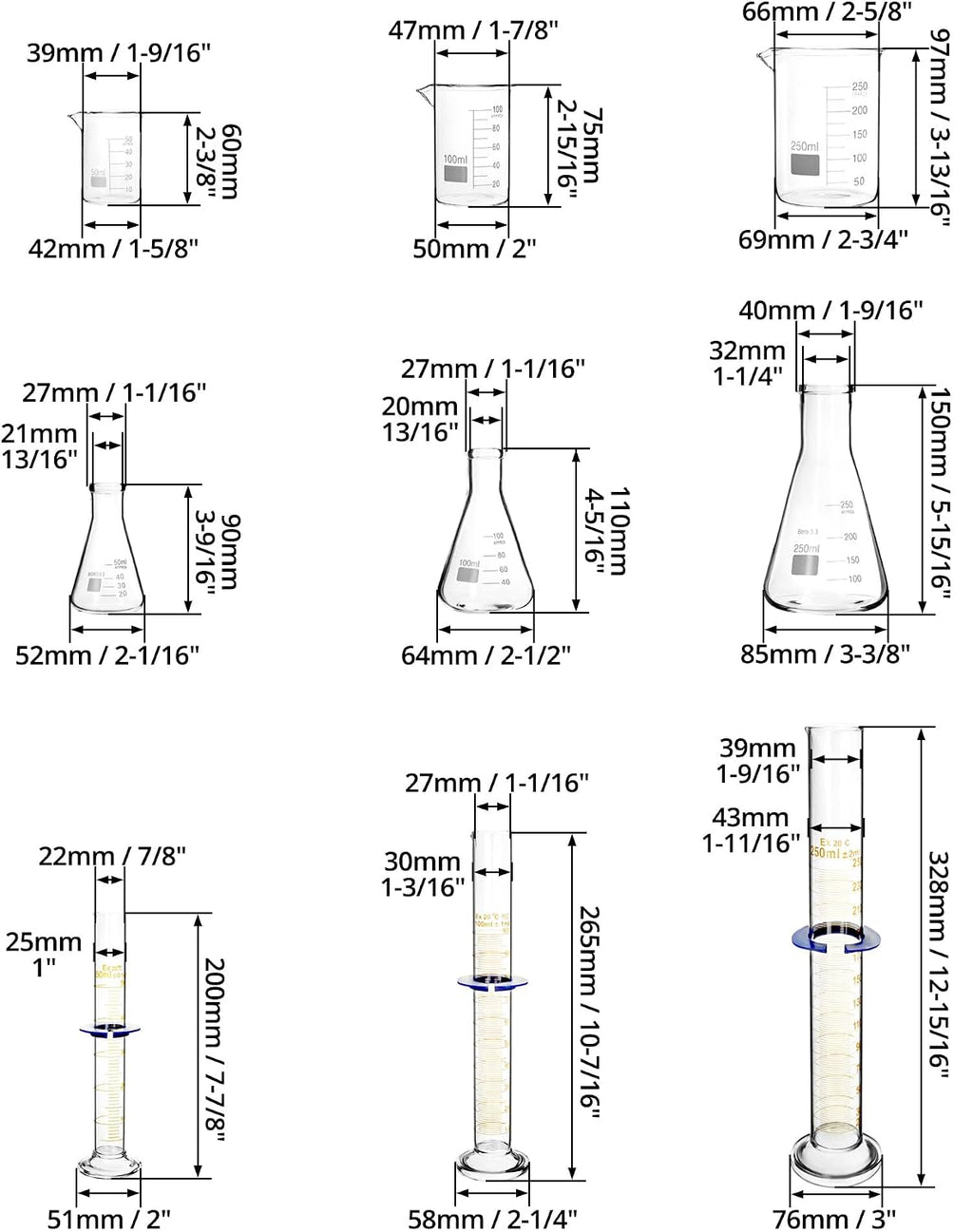 Lab Glassware Set, Beaker Flask Cylinder Set, 9 Pieces - Includes 3 Erlenmeyer Flasks, 3 Beakers, & 3 Grade A