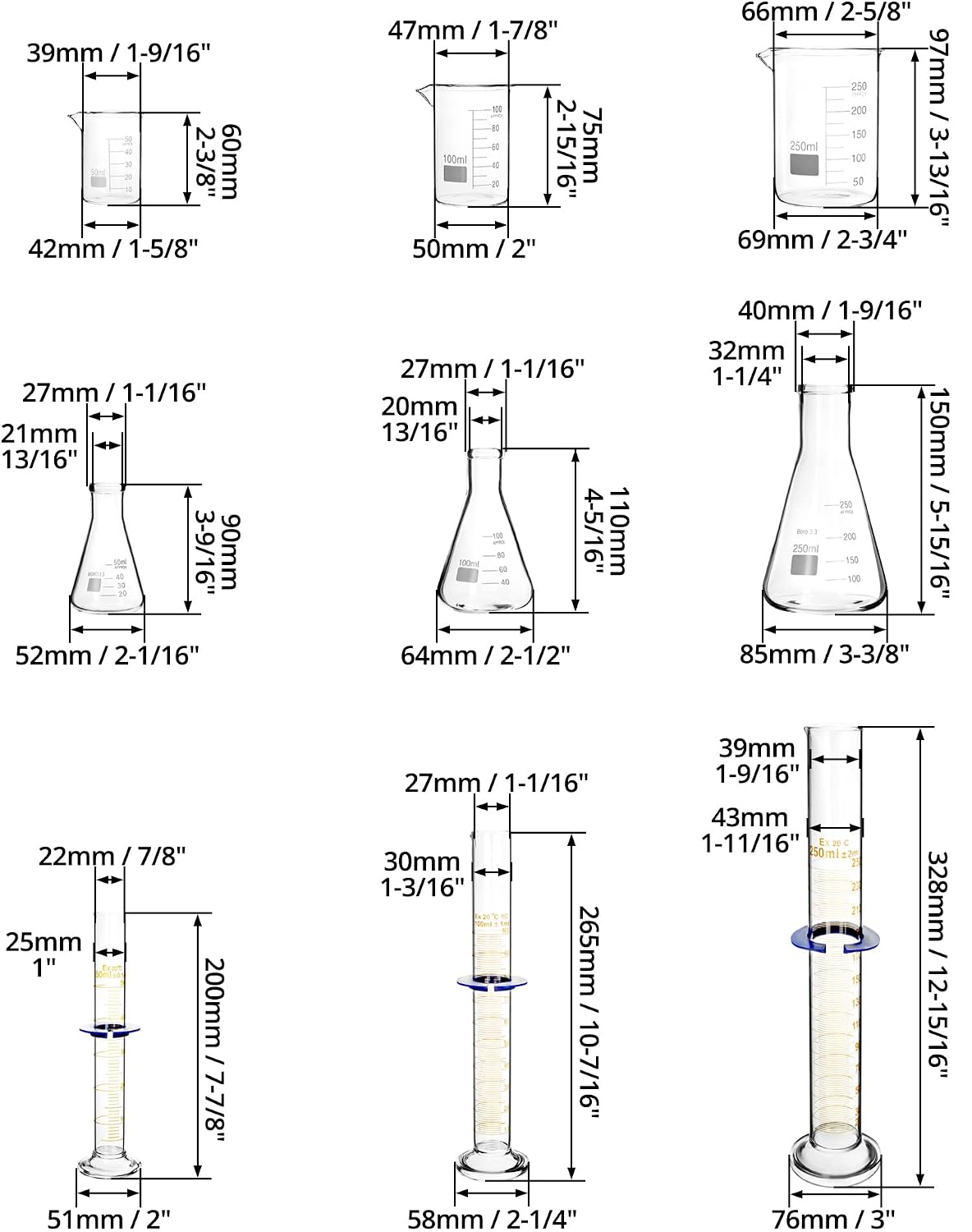 Lab Glassware Set, Beaker Flask Cylinder Set, 9 Pieces - Includes 3 Erlenmeyer Flasks, 3 Beakers, & 3 Grade A