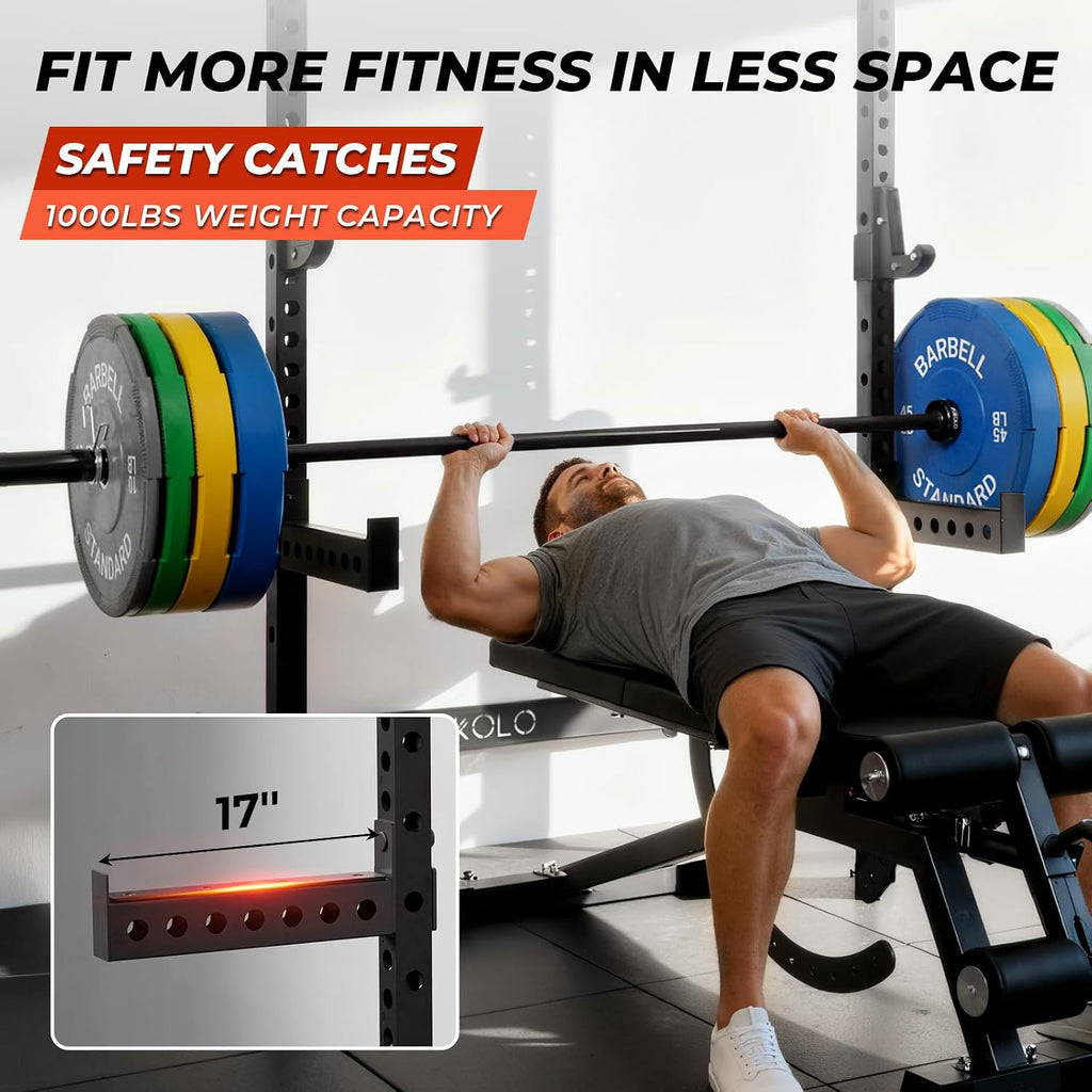 2" x 2" Folding Wall Mounted Squat Rack, 1000 Pounds Capacity Power Rack with Pull Up Bar, J Hooks and Other