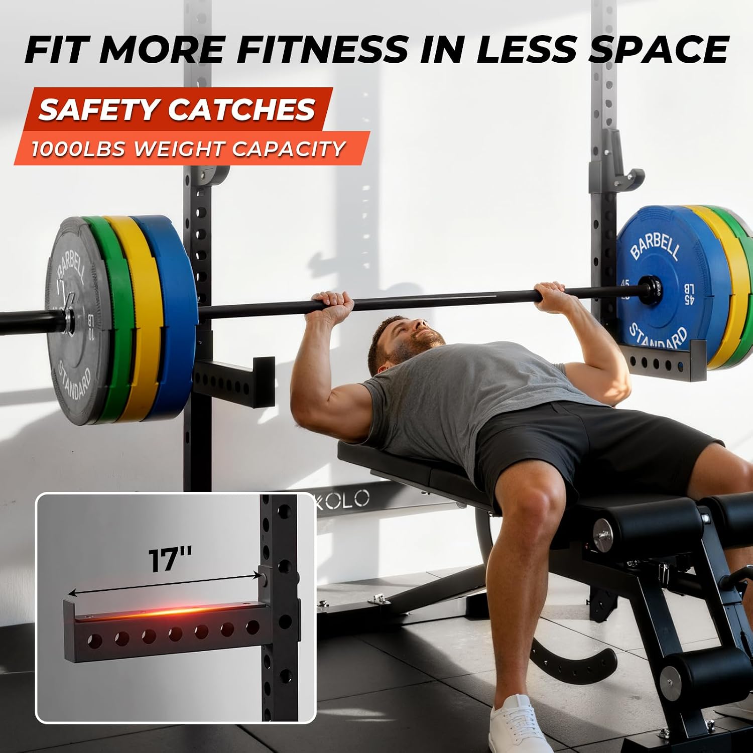 2" x 2" Folding Wall Mounted Squat Rack, 1000 Pounds Capacity Power Rack with Pull Up Bar, J Hooks and Other