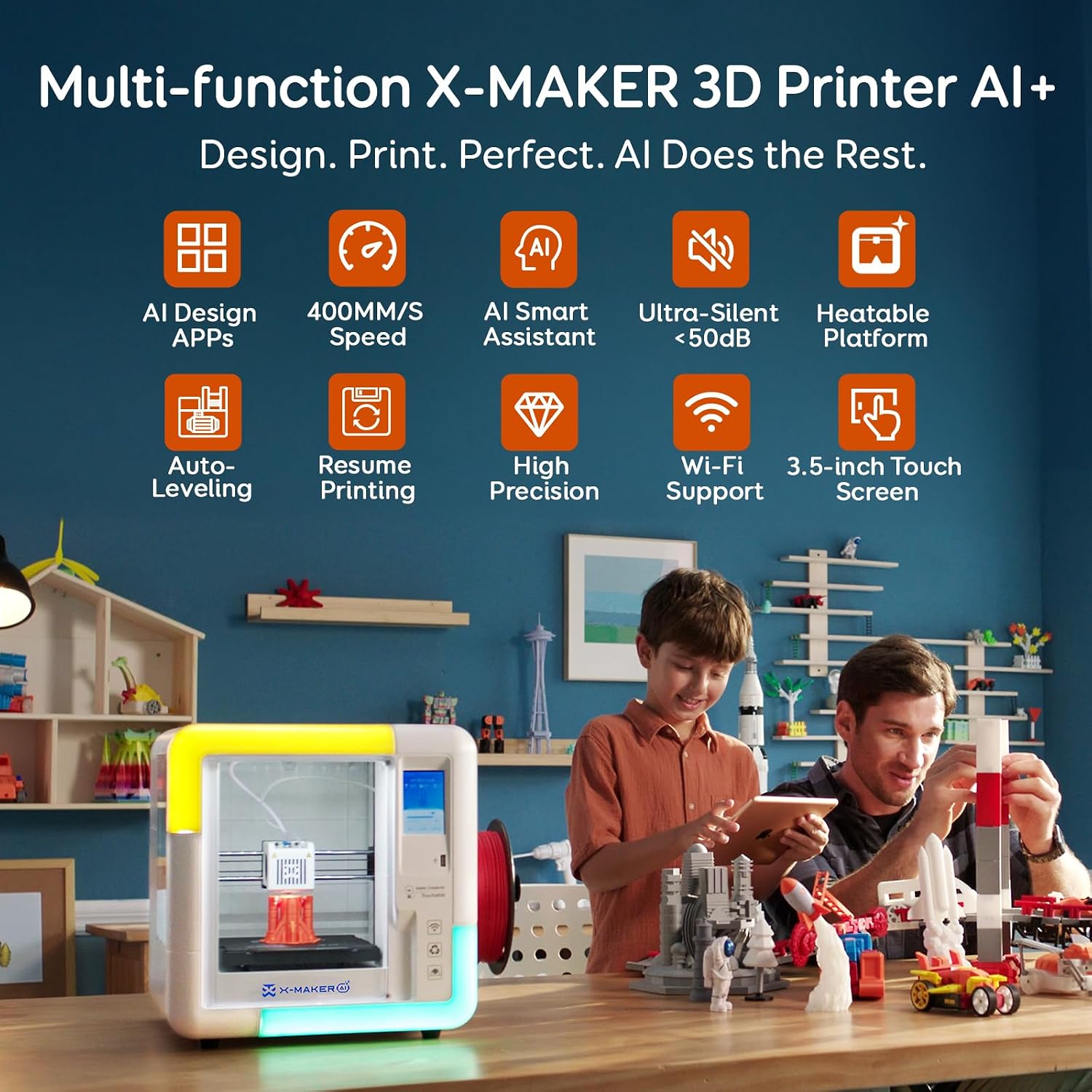 AI 3D Printer for Kids, Fast 400mm/s, 1500+ Models, Enclosed Safe | One-Click WiFi App Control, Leveling-Free 3D