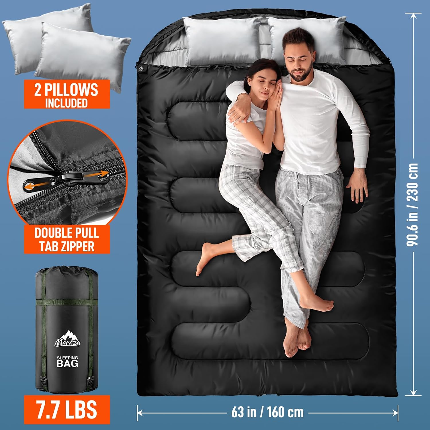 Double Sleeping Bag for Adults Mens with Pillow, XL Queen Size Two Person Sleeping Bag for All Season Camping Hiking
