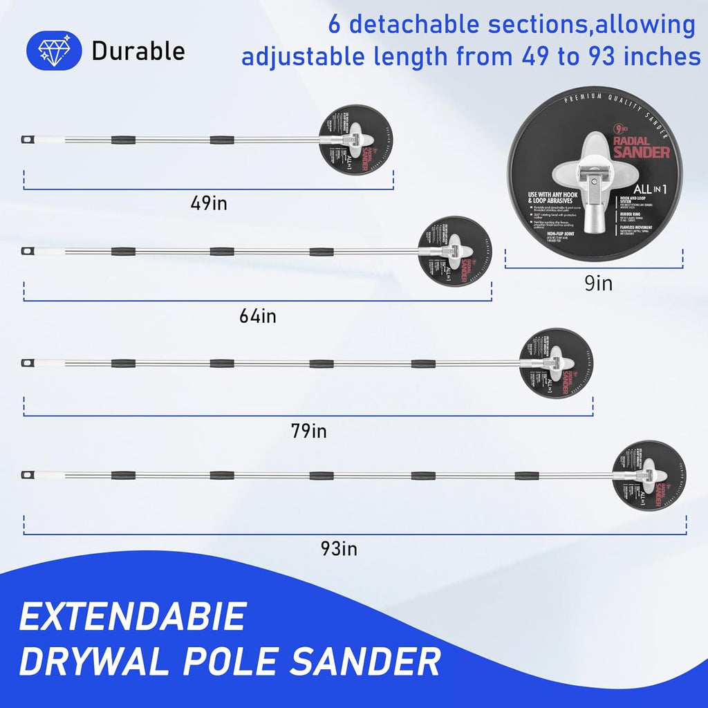 Pole Sander for Drywall, 9-Inch Radial Wall and Ceiling Sanding Machine | 49"-93" Adjustable Rod, 360° Rotating