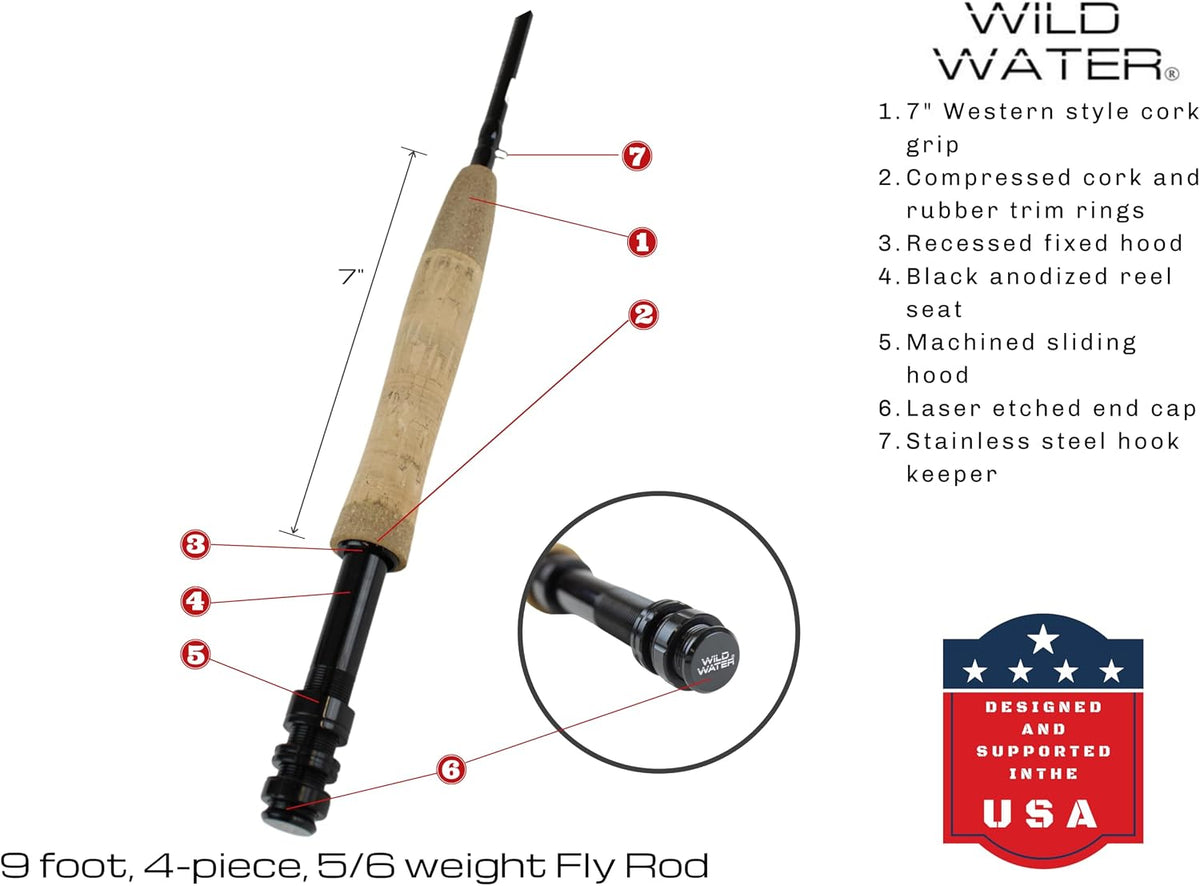 Standard Fly Fishing Combo Starter Kit, 5 or 6 Weight 9 Foot Fly Rod, 4-Piece Graphite Rod with Cork Handle