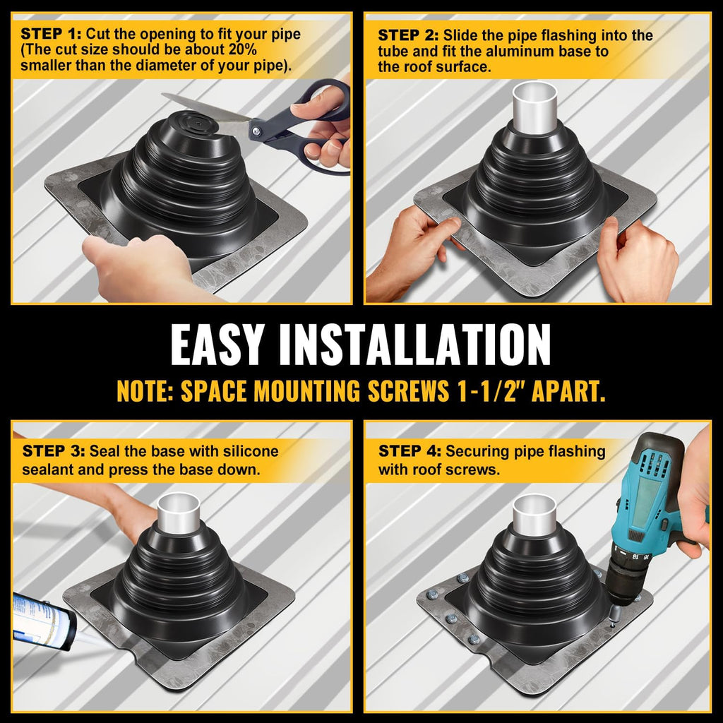#1 Metal Roof Pipe Flashing, Silicone Roof Vent Boot, Black, 1-Pack