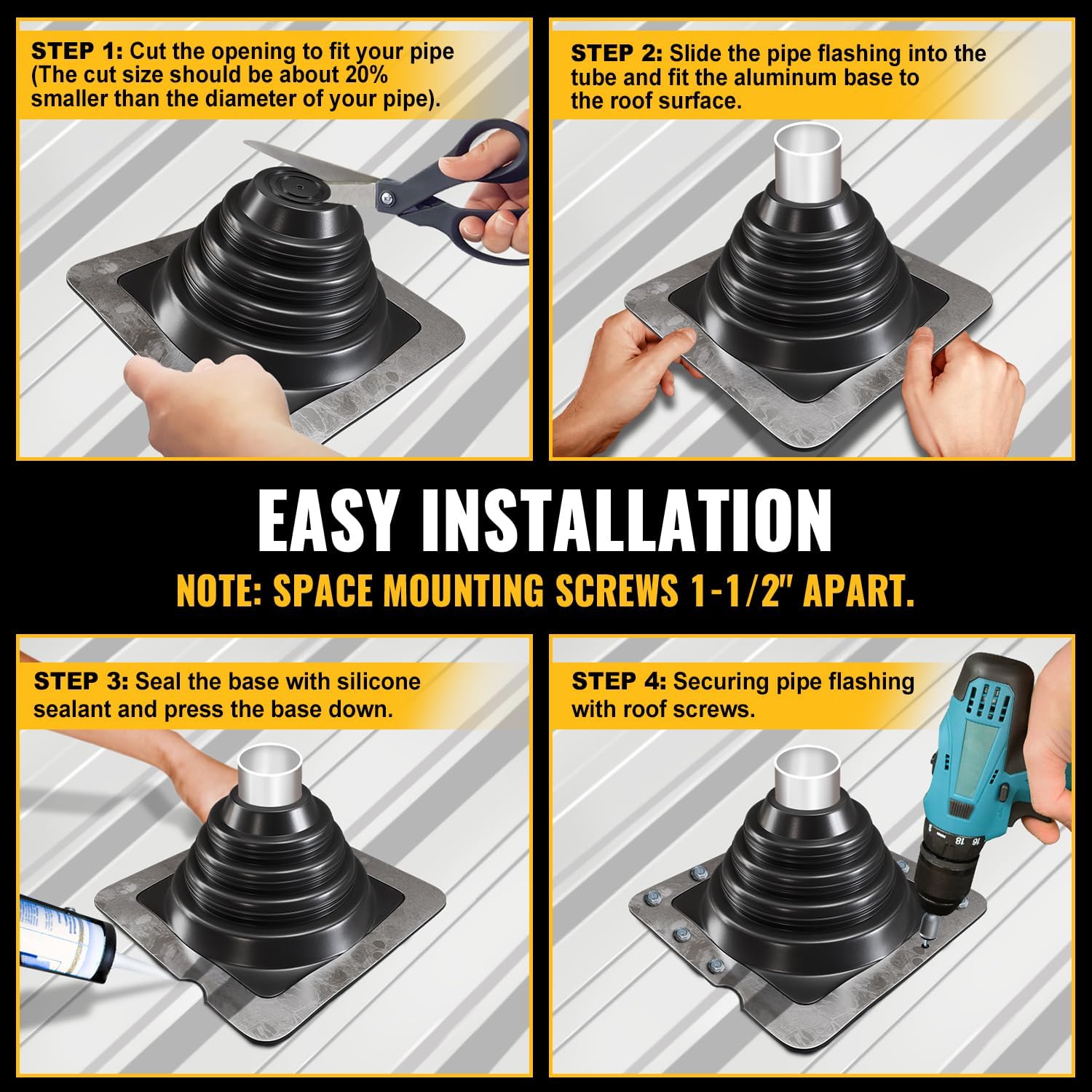 #1 Metal Roof Pipe Flashing, Silicone Roof Vent Boot, Black, 1-Pack