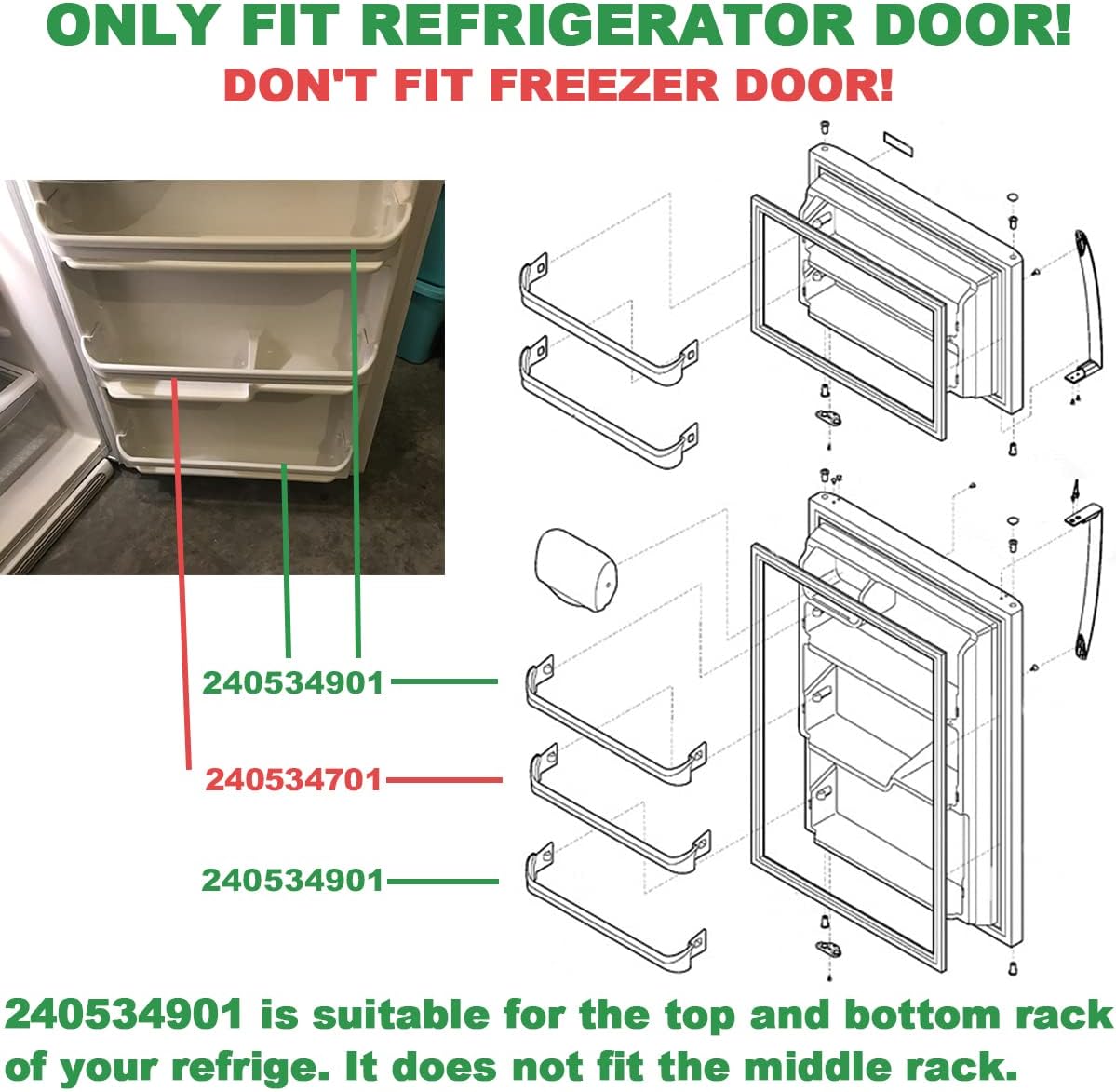 [UPGRADE] 240534901 Refrigerator Door Shelf Rack Bar Fit for frigidaire kenmore Replace 948954 AP3214630 PS734935 EAP734935 Frigidaire Door Shelf Retainer Bar Figure 5,6,7 Lists the Compatible Models.
