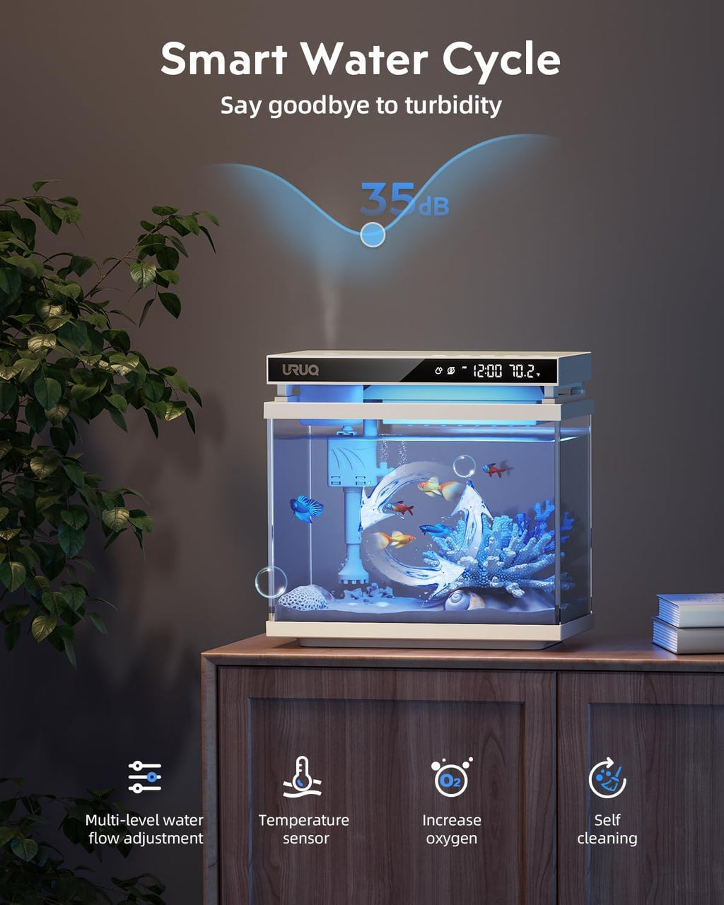 Fish Tank Smart Aquarium Kit 2 Gal UHD Glass Aroma Diffuser - White