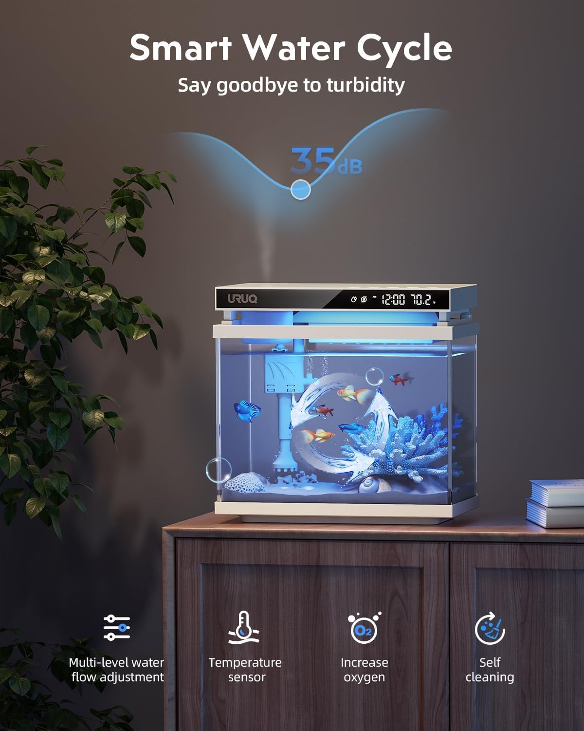 Fish Tank Smart Aquarium Kit 2 Gal UHD Glass Aroma Diffuser - White