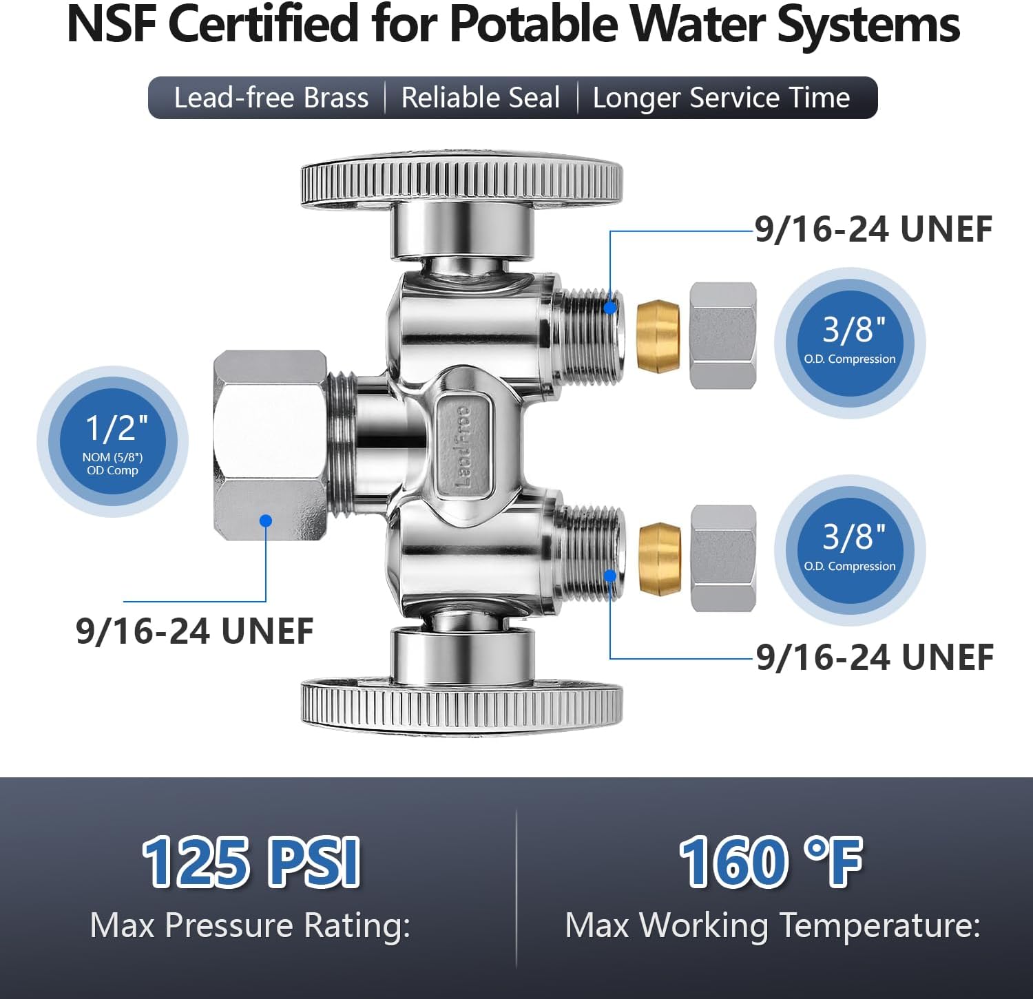 1/2" NOM (5/8" OD) x 3/8" OD x 3/8" OD Dual Shut Off Valve | Chrome Plated Brass 1/4 Turn Double Straight Stop for