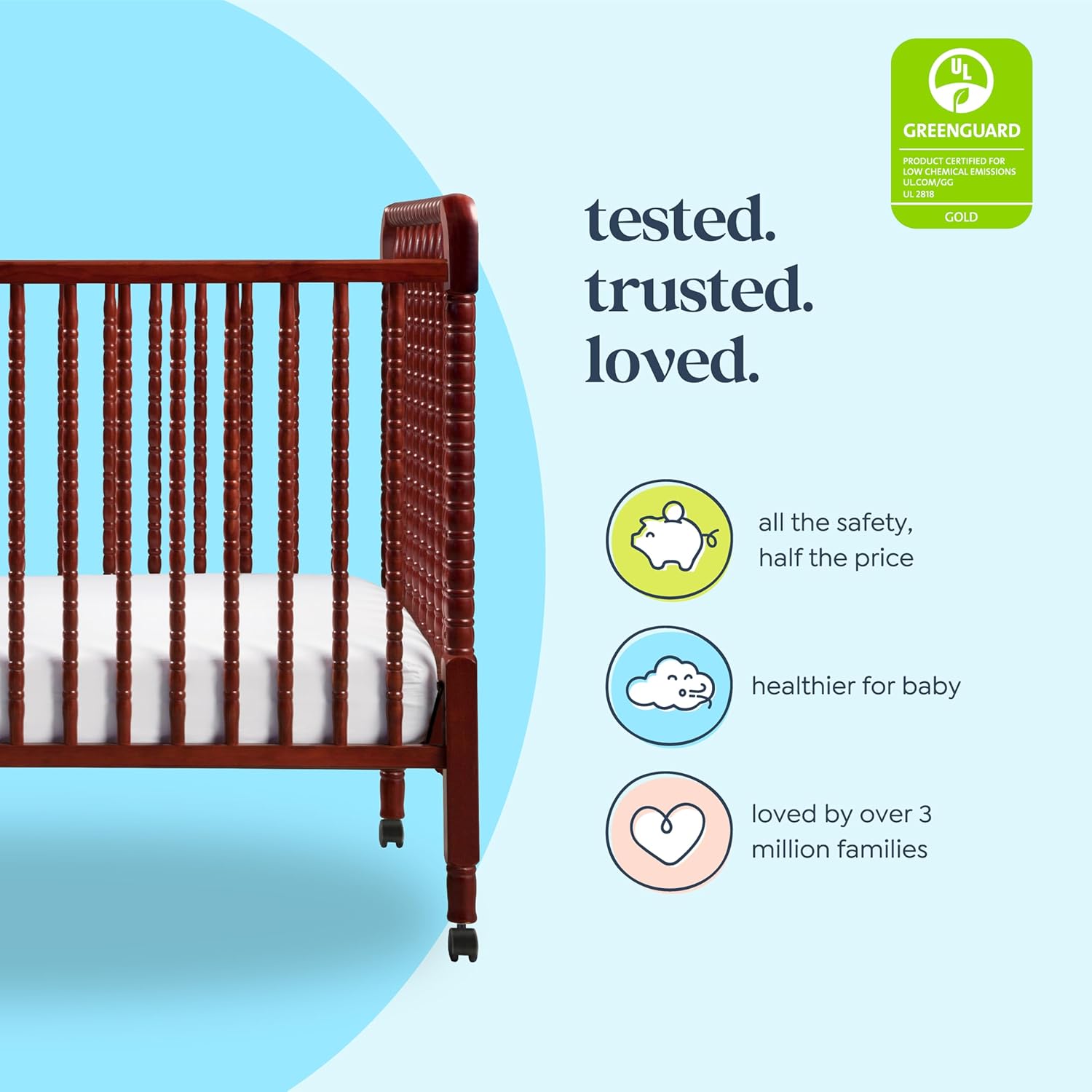 Jenny Lind 3-in-1 Convertible Crib in Rich Cherry, Removable Wheels, Greenguard Gold Certified