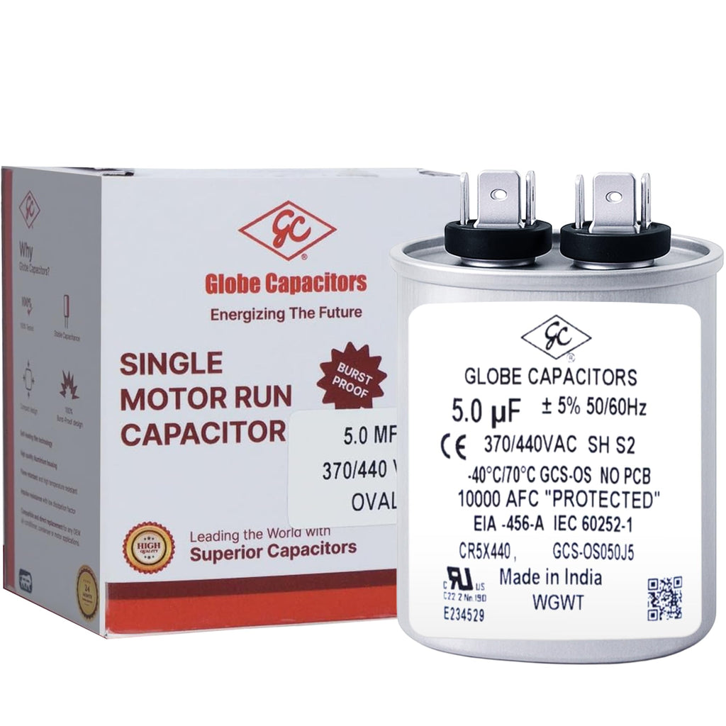 Globe Capacitor, Oval Run Start, 5MFD CBB65 Single Element, 370V/440V