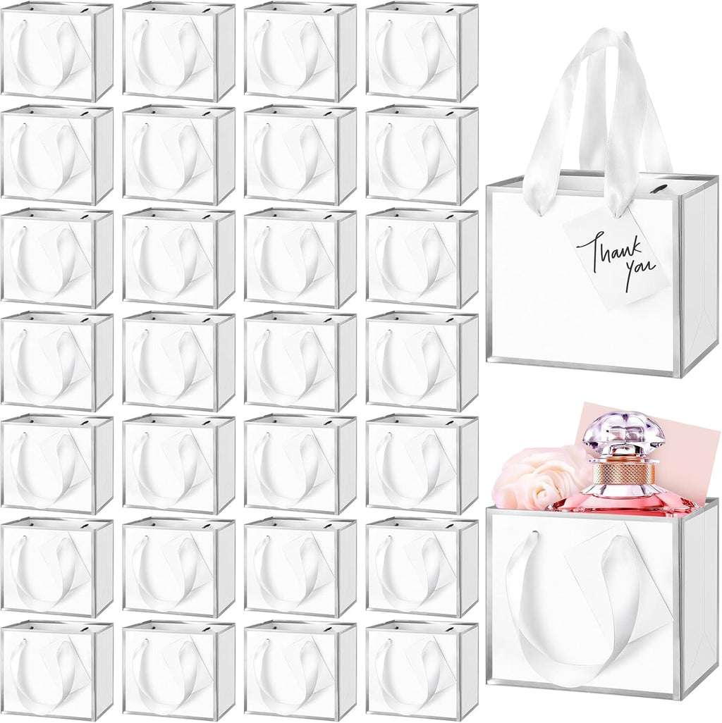 50 Pcs Mini Metallic Paper Gift Bags with Handle, White, Silver