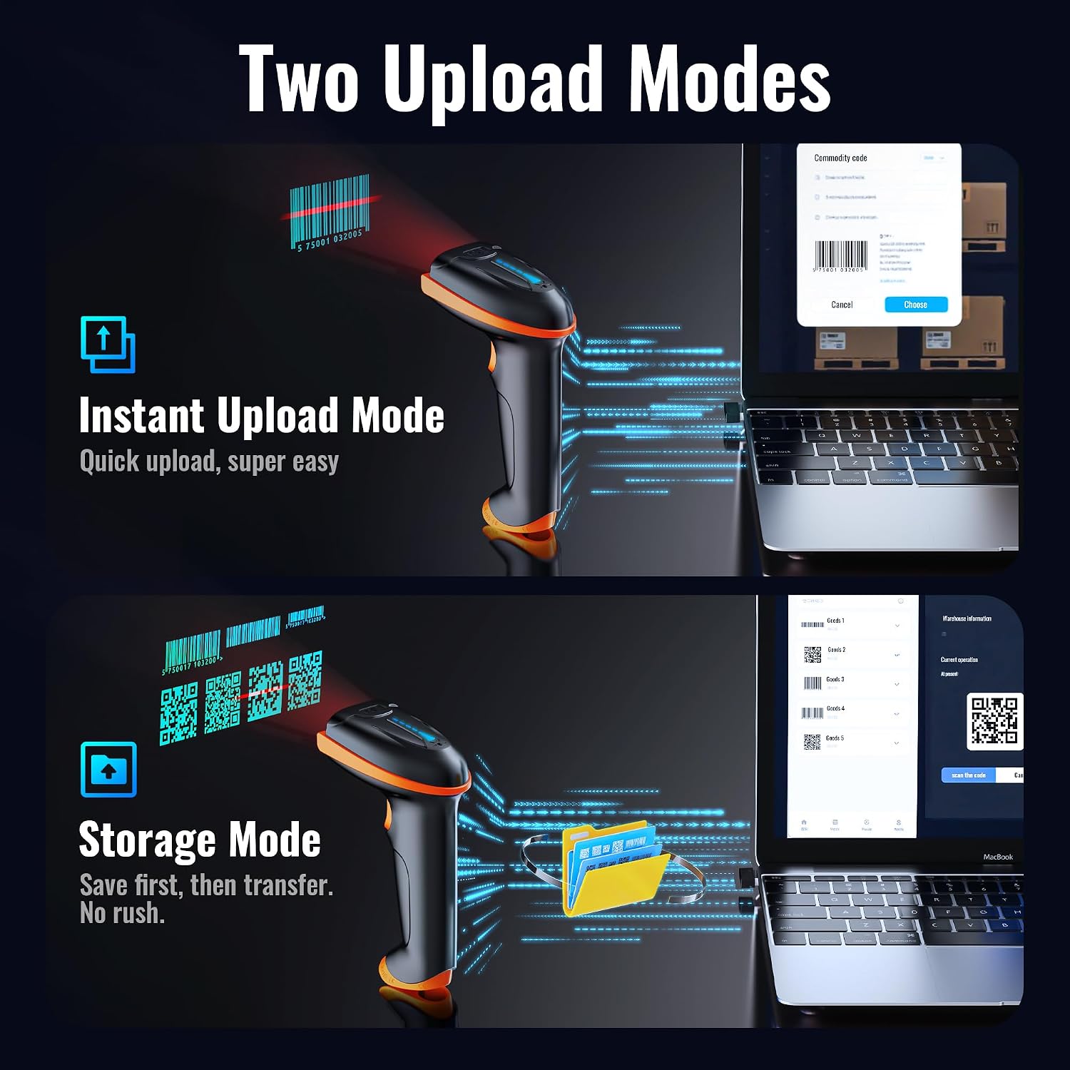 Barcode Scanner with Battery Indicator: 2D Wireless, D5100 Orange | USB Wired, 2.4G Wireless, 2200mAh Battery, 1D 2D