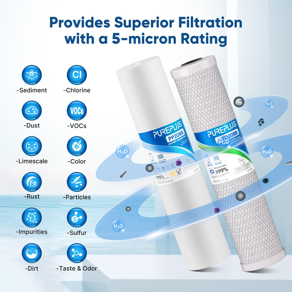 PUREPLUS 20"x4.5" Whole House Water Filter Kit, Sediment & Carbon, 1 Pack