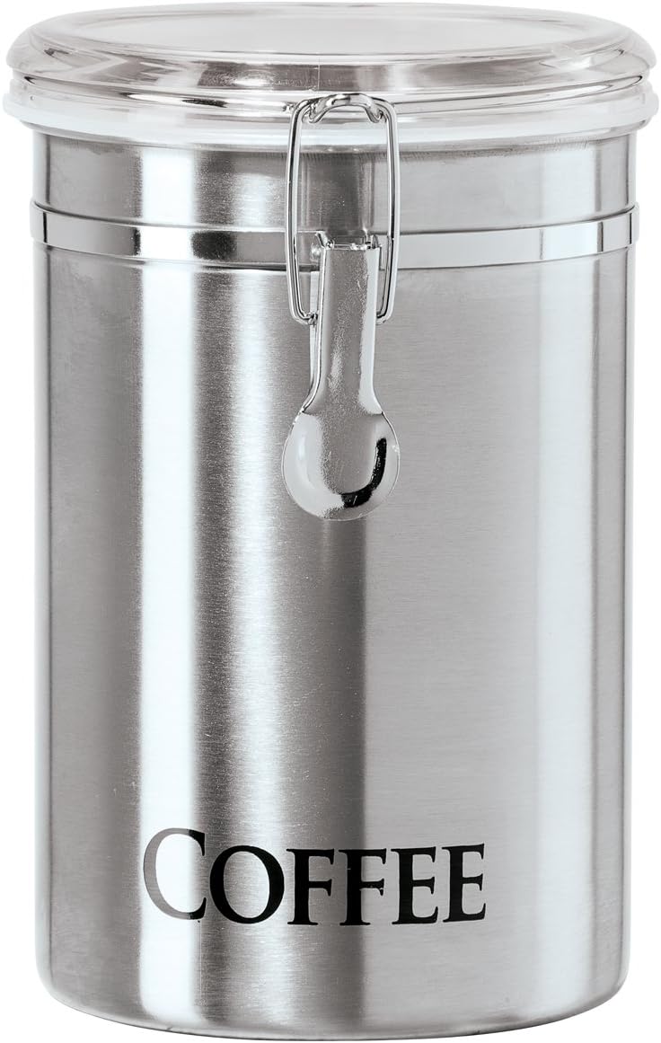 Stainless Steel Coffee Canister 62 fl oz - Airtight Clamp Lid, Clear See-Thru Top - Ideal for Coffee Bean Storage