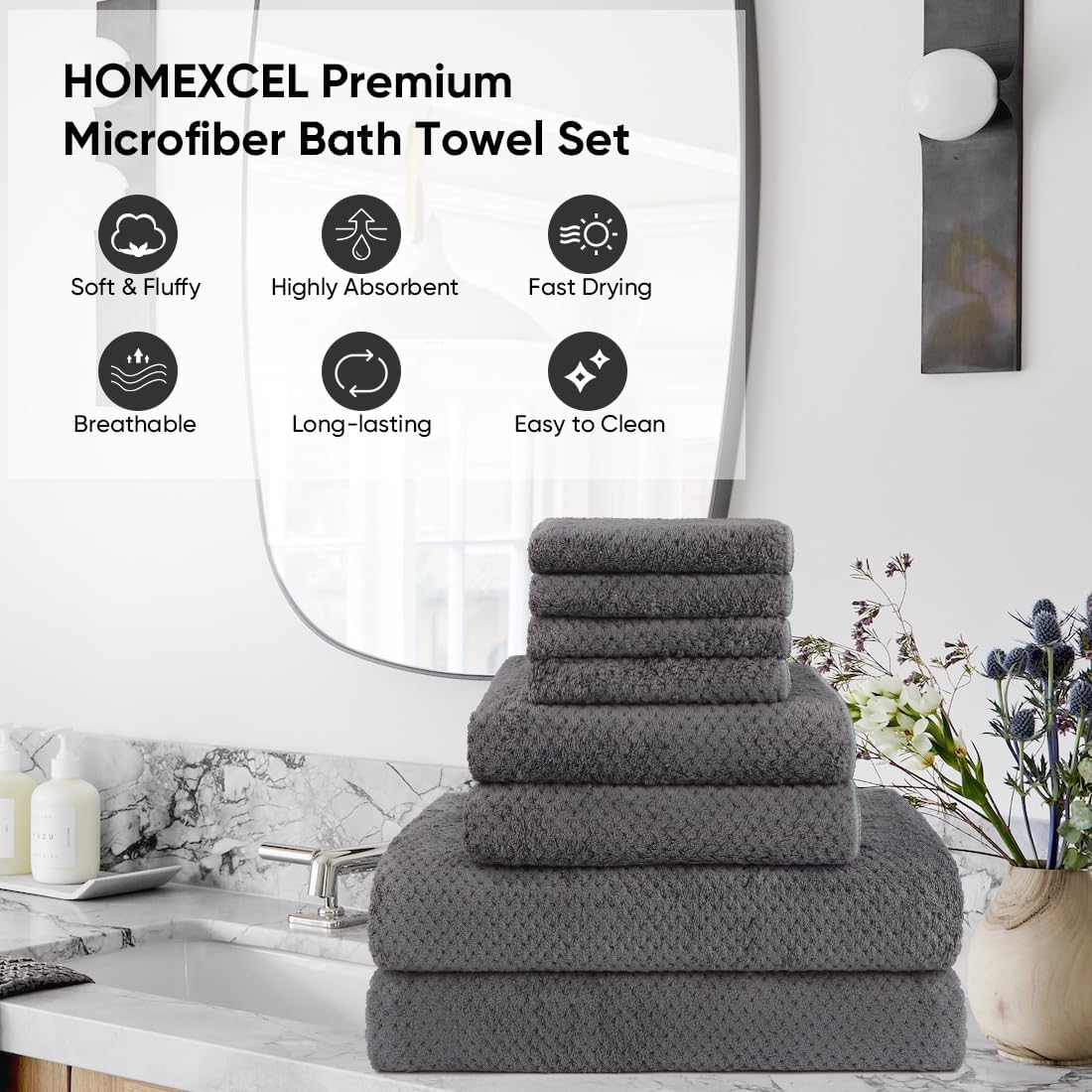 8PK Bath Towel Set, Soft Absorbent, 2 Bath, 2 Hand, 4 Wash, Grey | Light Weight, Quick Drying Towel Set for Bathroom