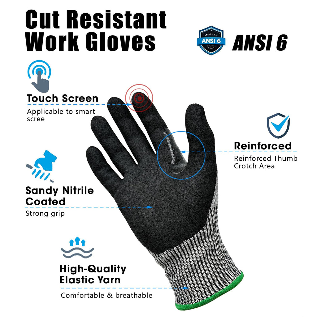 ANSI A6 Cut Resistant Work Gloves for Men Women, Nitrile Coated