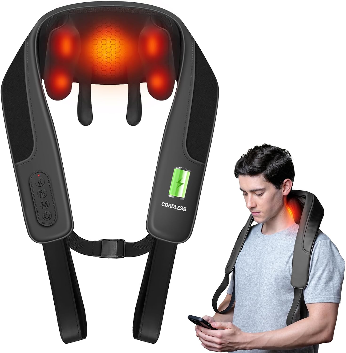 HSA Cordless Neck Massager with Heat, FSA Eligible Hands-Free Wearable Shiatsu Shoulder Massager for Home, Office or