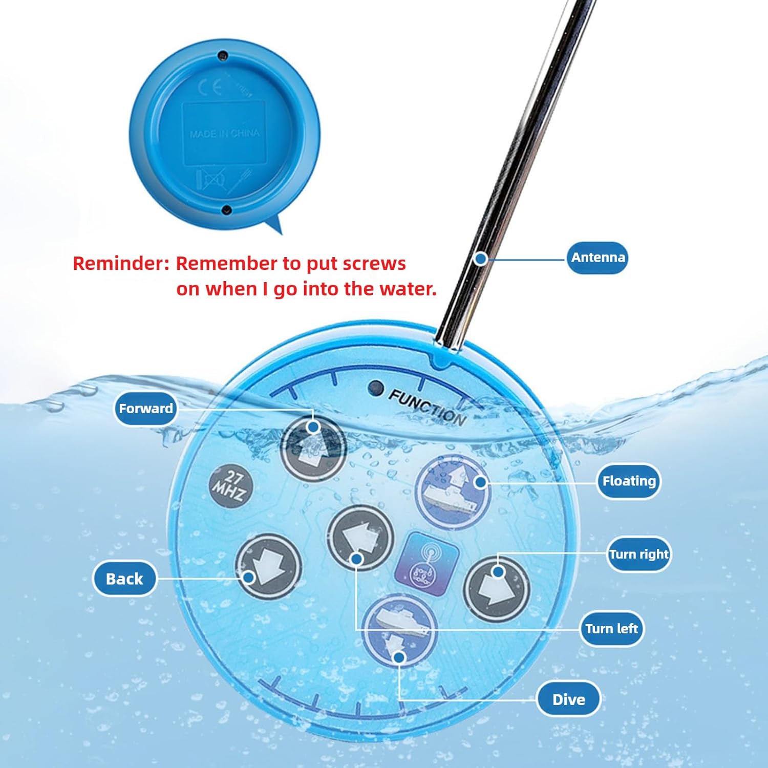 Mini RC Submarine Waterproof Remote Control Boat Underwater Diving Fish Tank Toy for Kids Birthday Gift（Blue）
