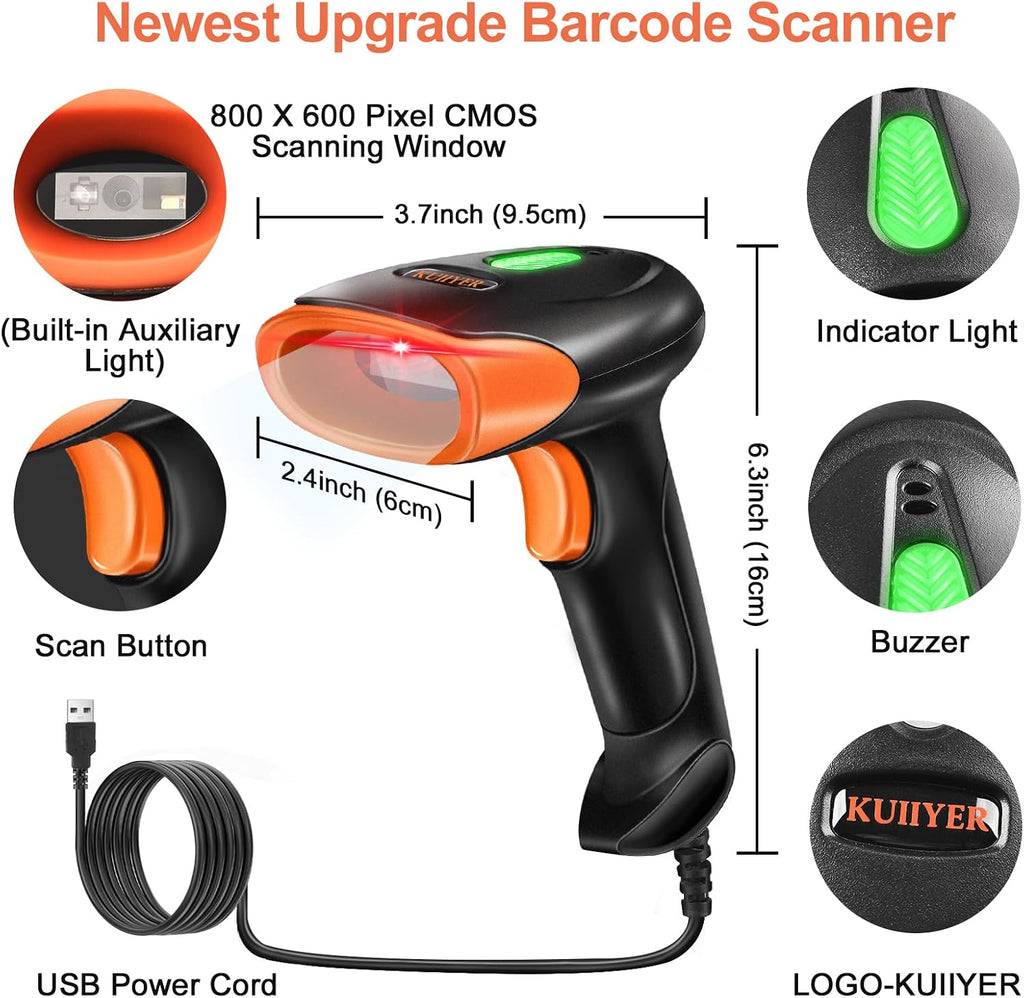 USB Barcode Scanner, 1D QR 2D Wired Handheld Bar Code Reader | Bar Code Scanners with Updated 800 X 600 Pixel CMOS &
