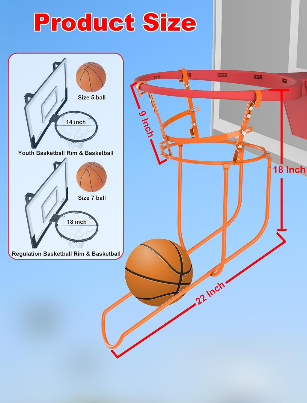 Rotatable Basketball Return Attachment: Heavy Duty Basketball Rebounder with Stable Large Hooks Set for 14"-18" Rim
