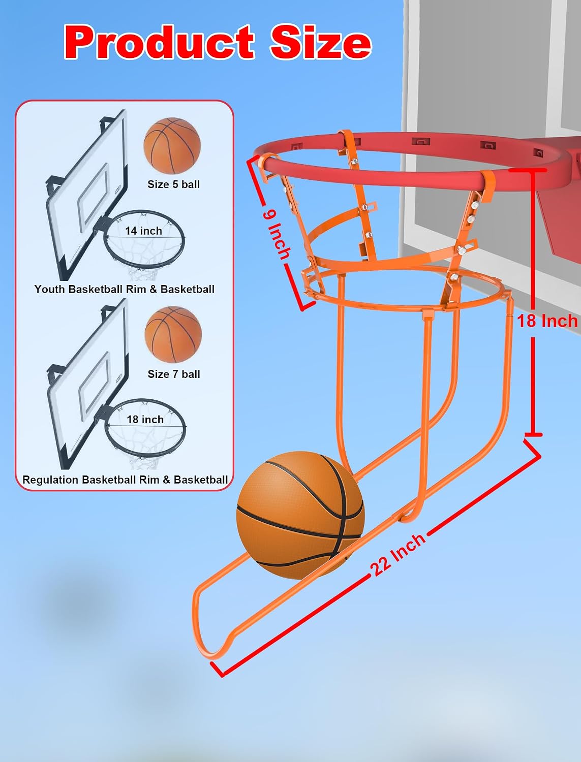 Rotatable Basketball Return Attachment: Heavy Duty Basketball Rebounder with Stable Large Hooks Set for 14"-18" Rim