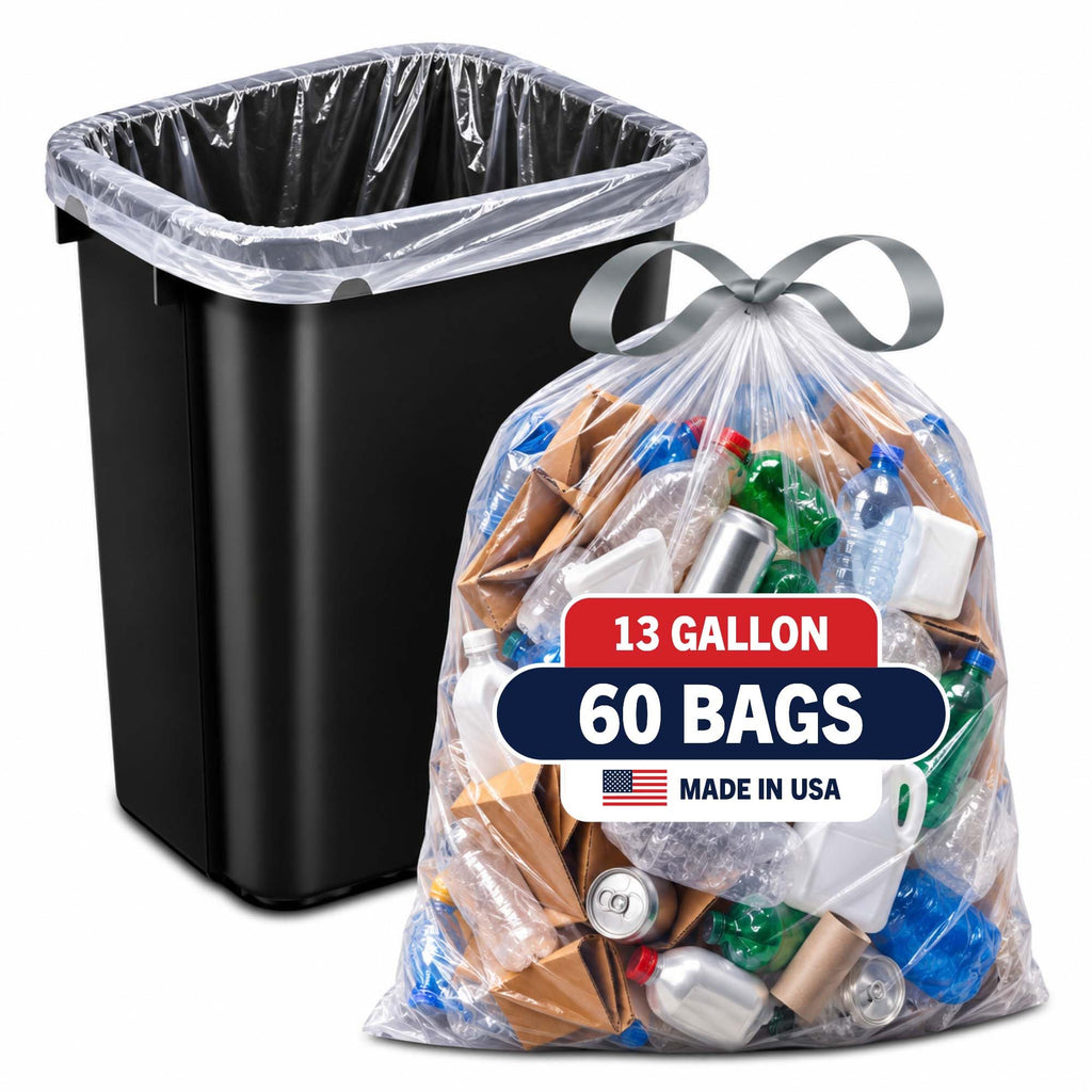 13 Gallon Clear Drawstring Trash Bags - 60 Pack