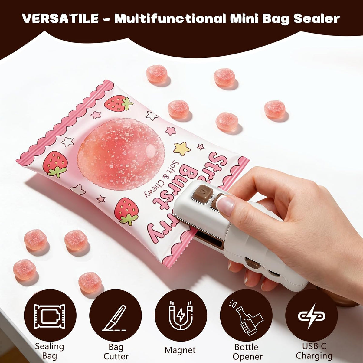 Mini Bag Sealer,4 in 1 Rechargeable Heat Sealer with Bottle Opener