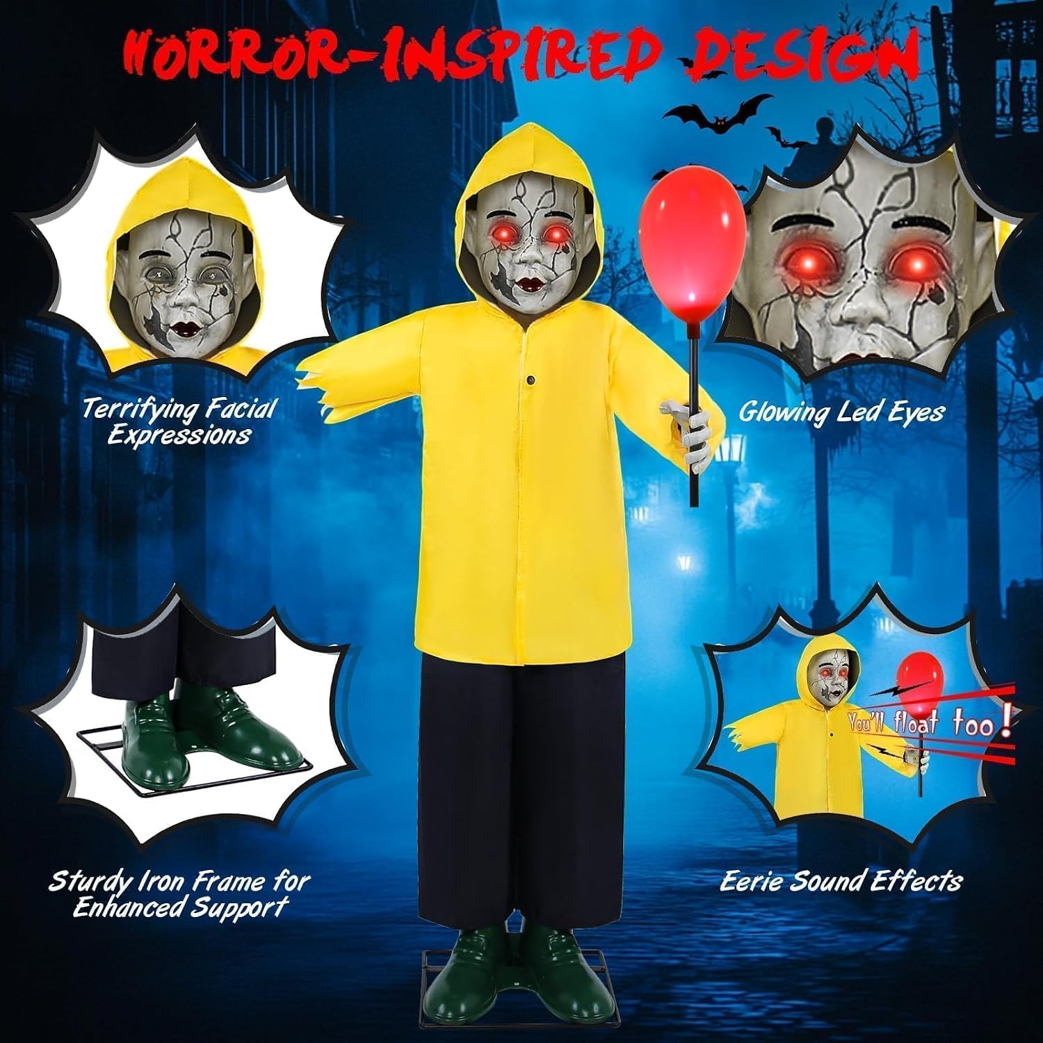 Halloween Decorations Outdoor 4FT Life Size Scary Boy Animatronics Prop | Glowing Red Balloon Sound & Motion