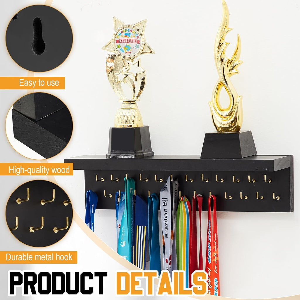 Wooden Medal Hanger Display Trophy Holder Shelf with 25/37/49/65/83 Hooks Wall Mount Ribbon Holder Gift for