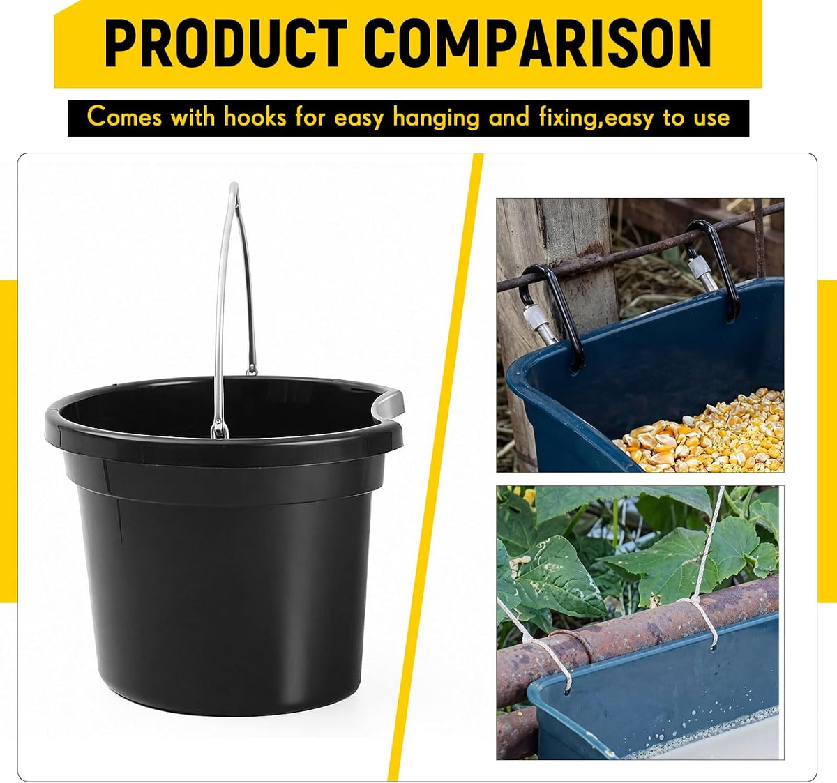 4 Pcs Horse Feeder Bucket with Hook, 8.5 Quart Plastic, Black