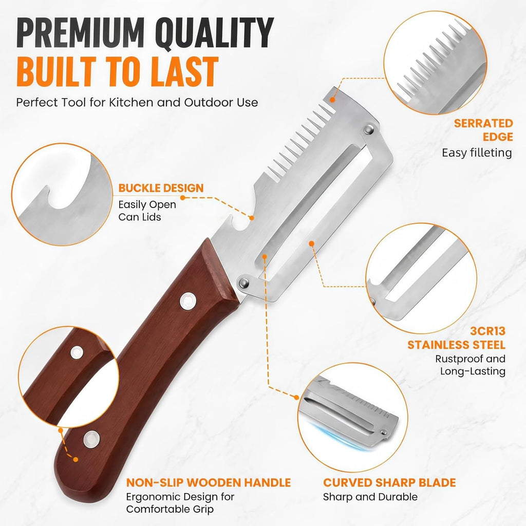 3-in-1 Vegetable Peeler with Scallion Shredder & Bottle Opener – Wide Stainless Steel Blade, Wooden Handle Julienne