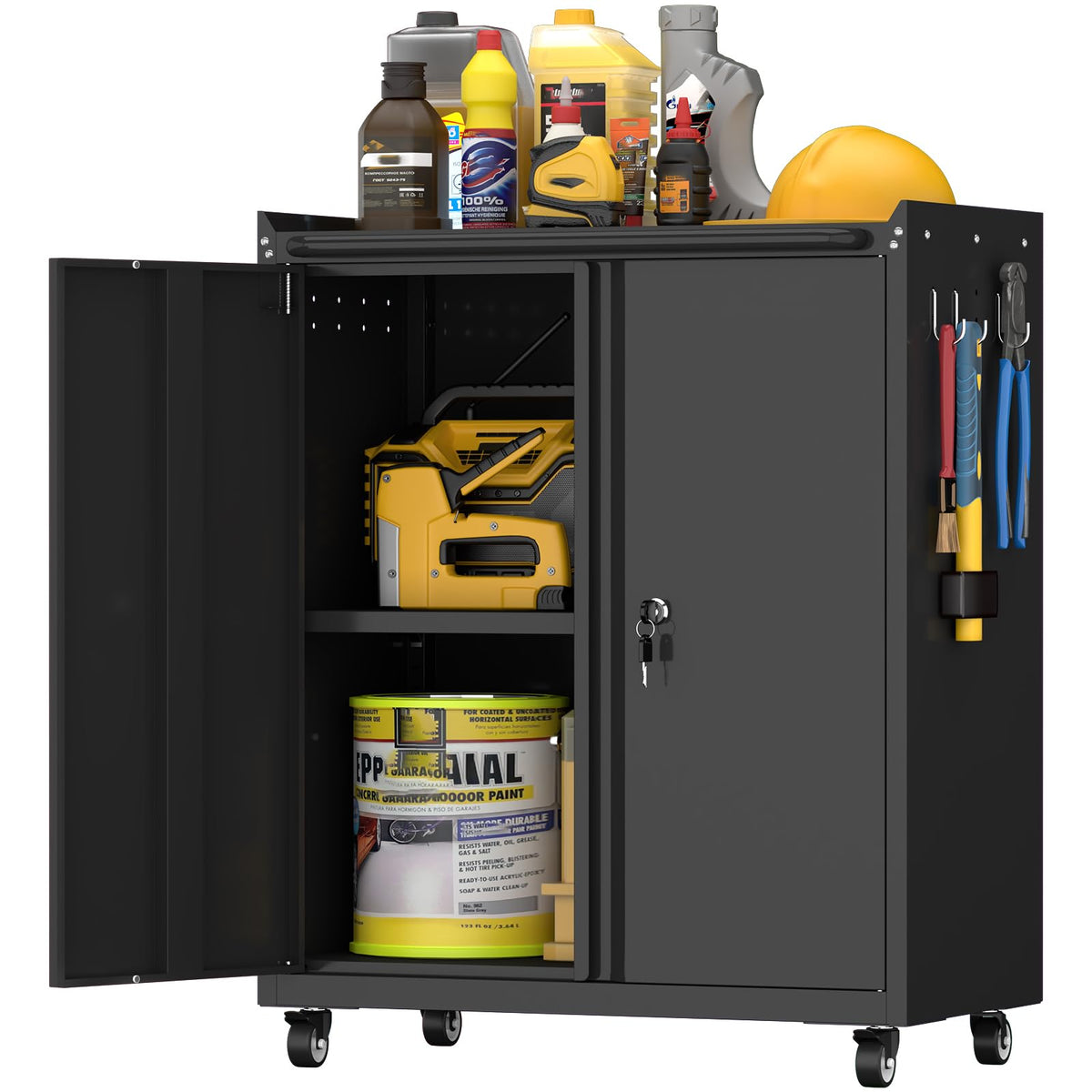 Garage Storage Cabinet with Wheels, Black Storage Cabinet with Adjustable Shelves, Rolling Cabinet with Dual-Side