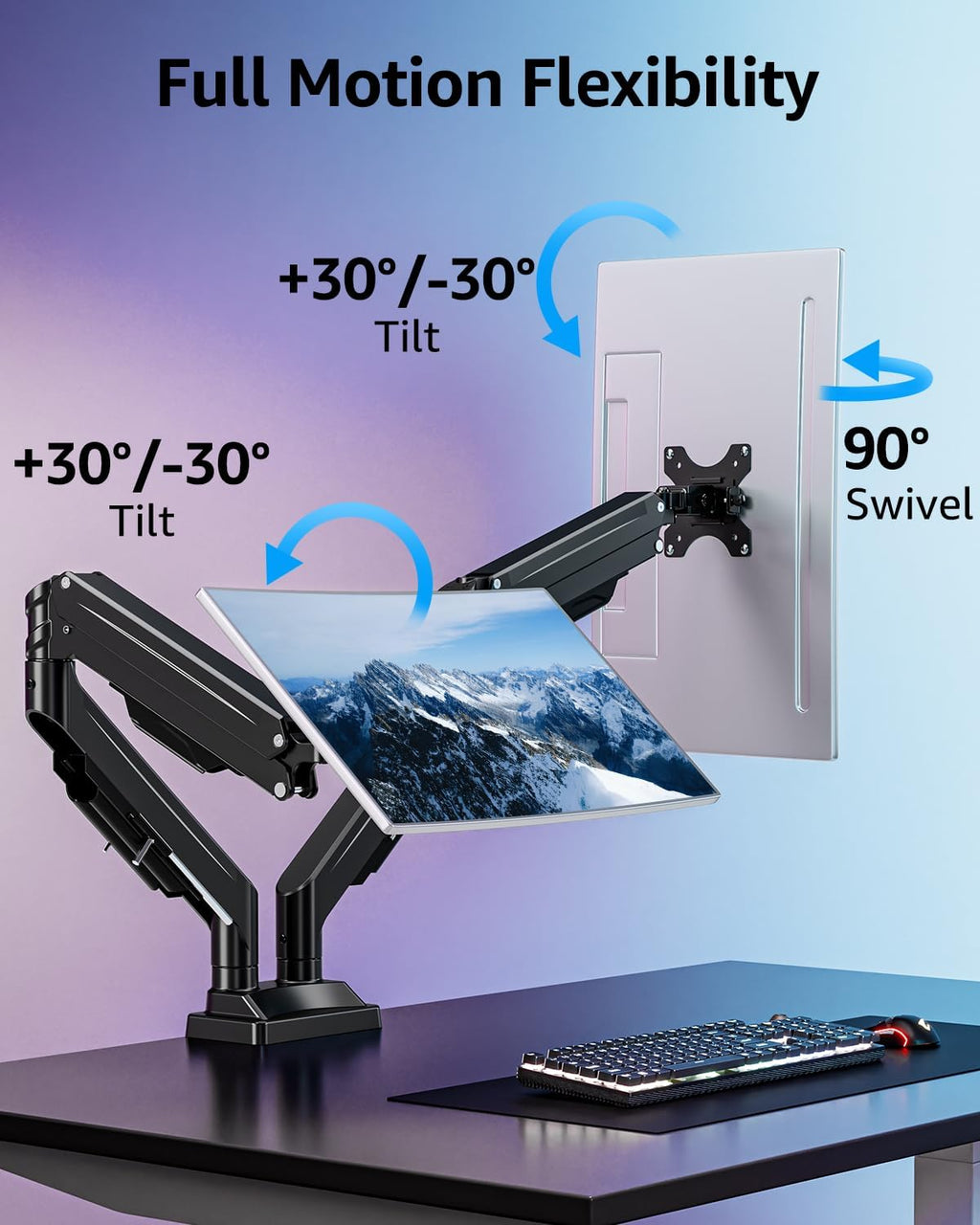 Dual Monitor Stand for Max 43 inch Screens, Ultrawide Monitor Arm Height Adjustable, Heavy Duty Dual Monitor Mount
